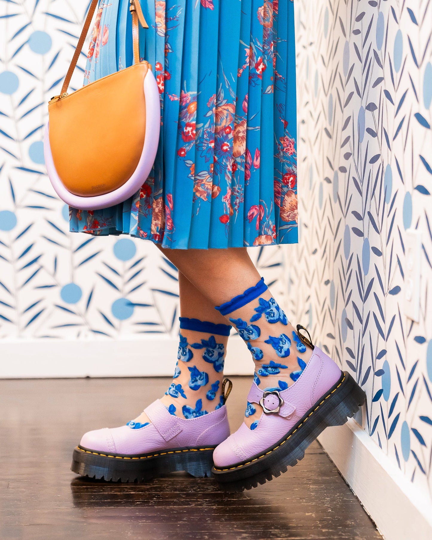 Blueberry Ruffle Sheer Crew Sock With Delicate Print