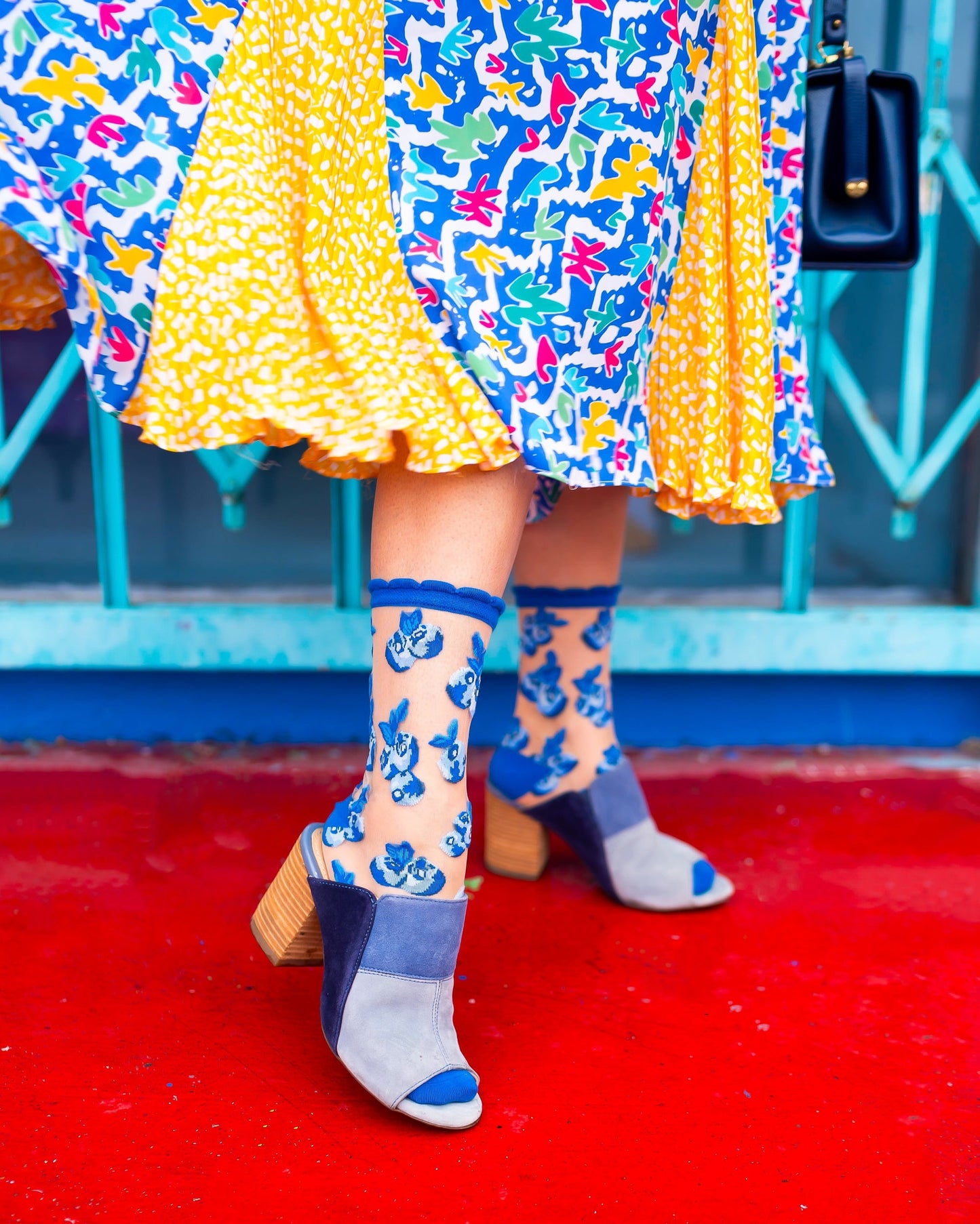 Blueberry Ruffle Sheer Crew Sock With Delicate Print