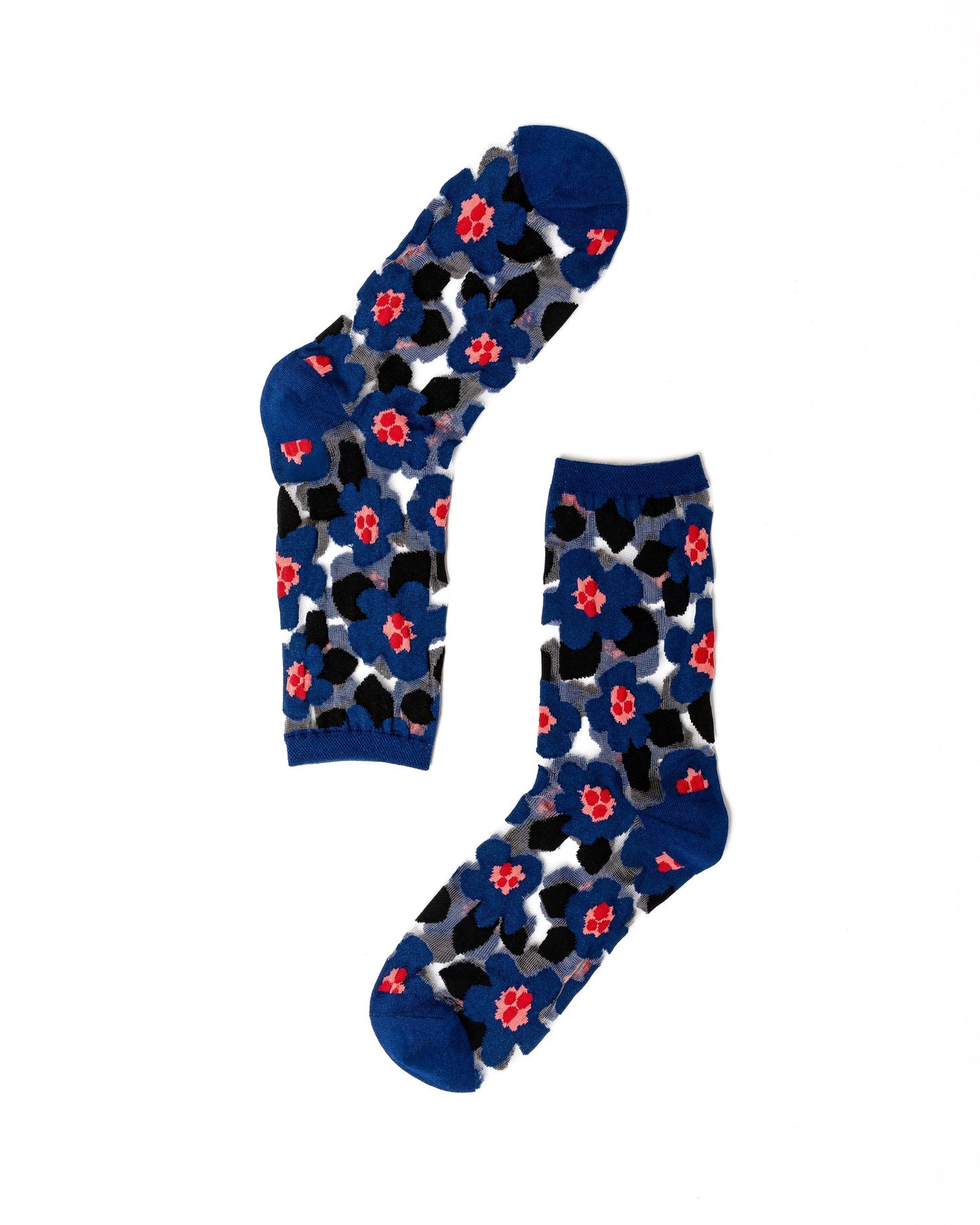 Bold Blue Floral Sheer Crew Socks With Geometric Print