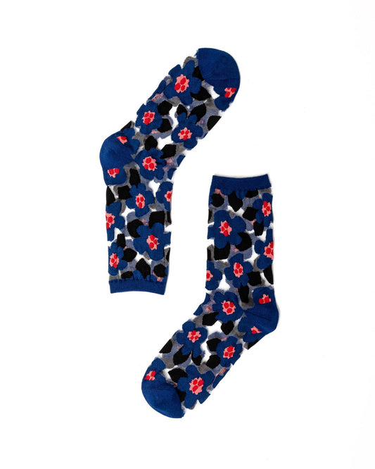 Bold Blue Floral Sheer Crew Socks With Geometric Print