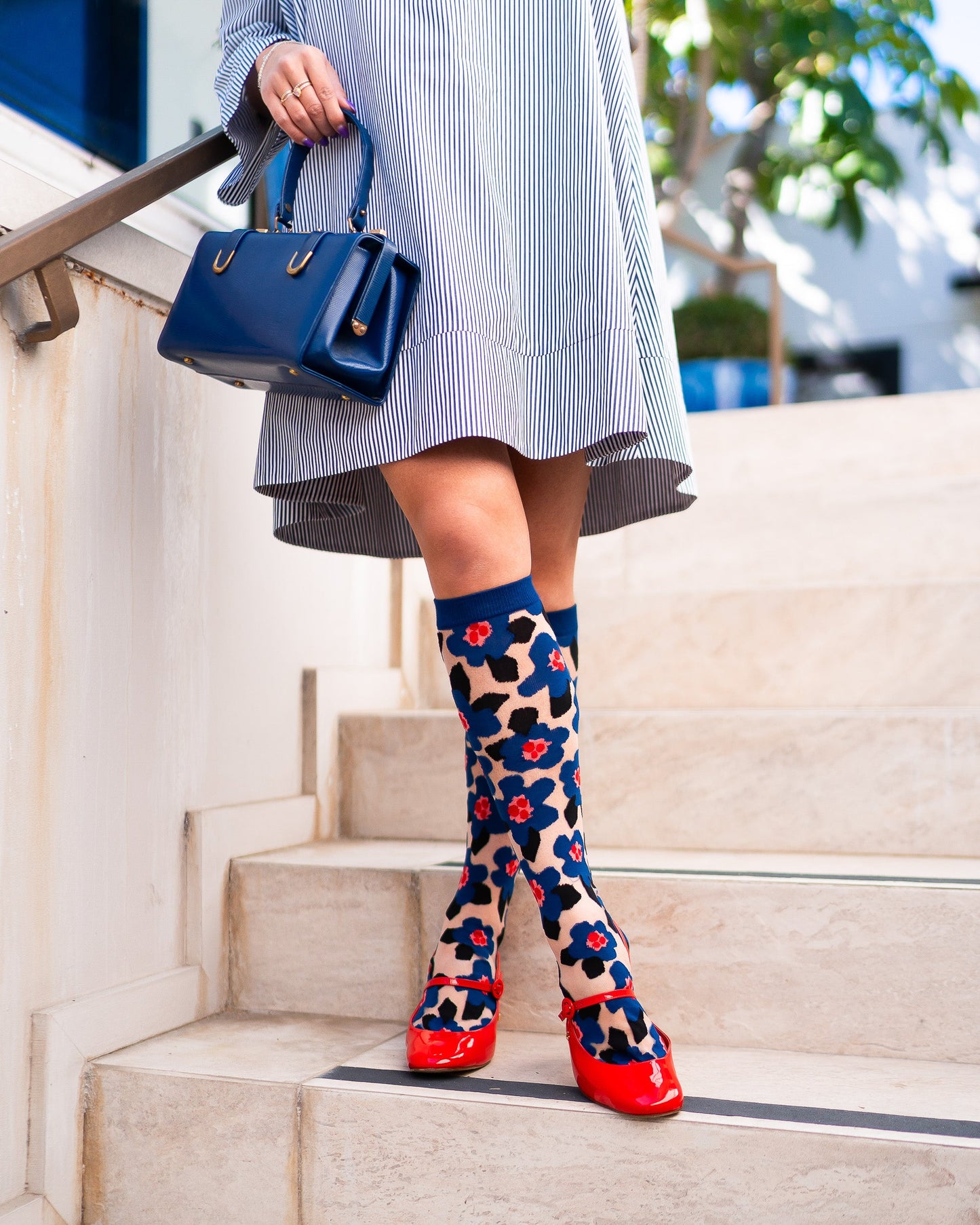 Bold Blue Floral Sheer Knee High Sock With Cotton Toe