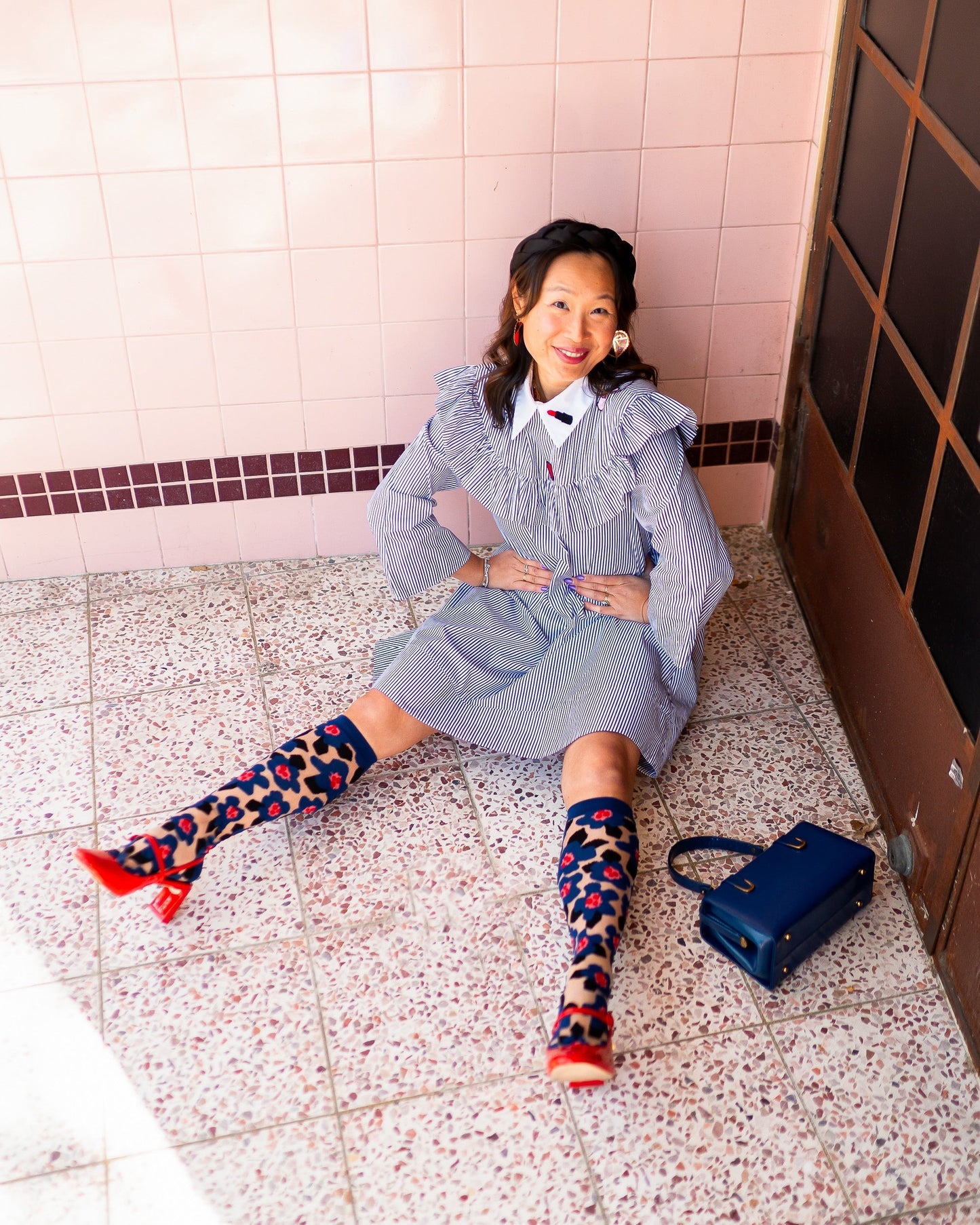 Bold Blue Floral Sheer Knee High Sock With Cotton Toe