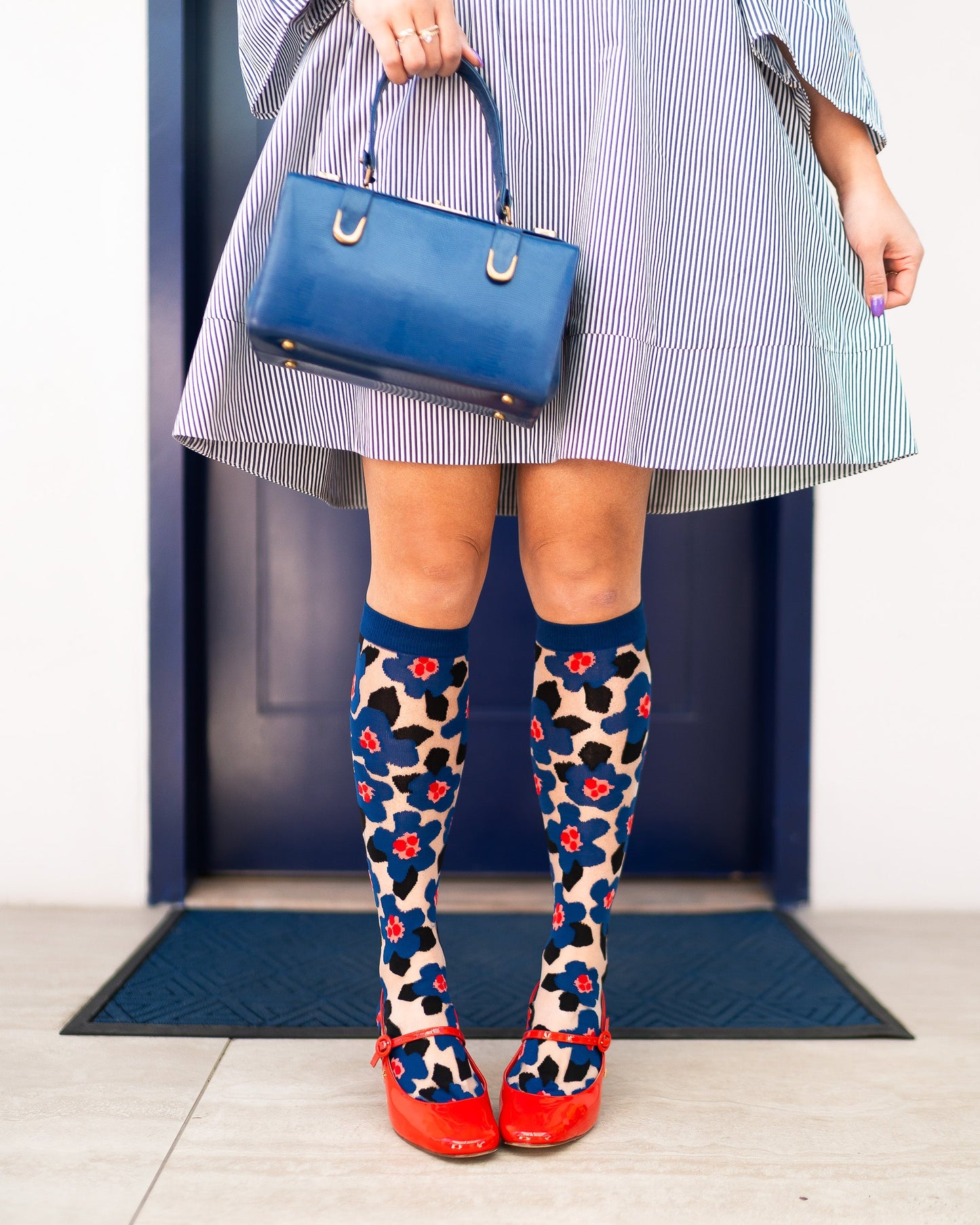 Bold Blue Floral Sheer Knee High Sock With Cotton Toe