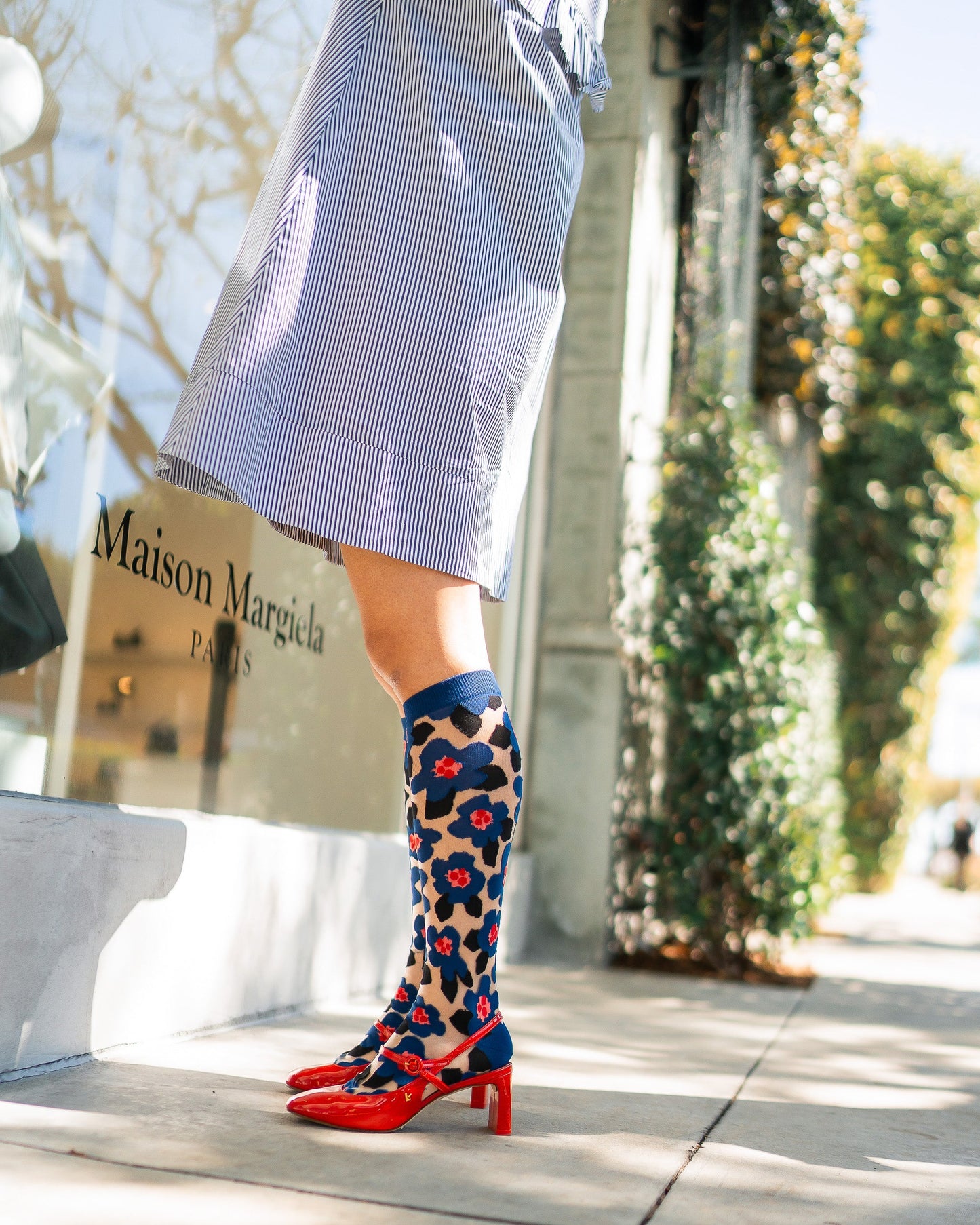 Bold Blue Floral Sheer Knee High Sock With Cotton Toe