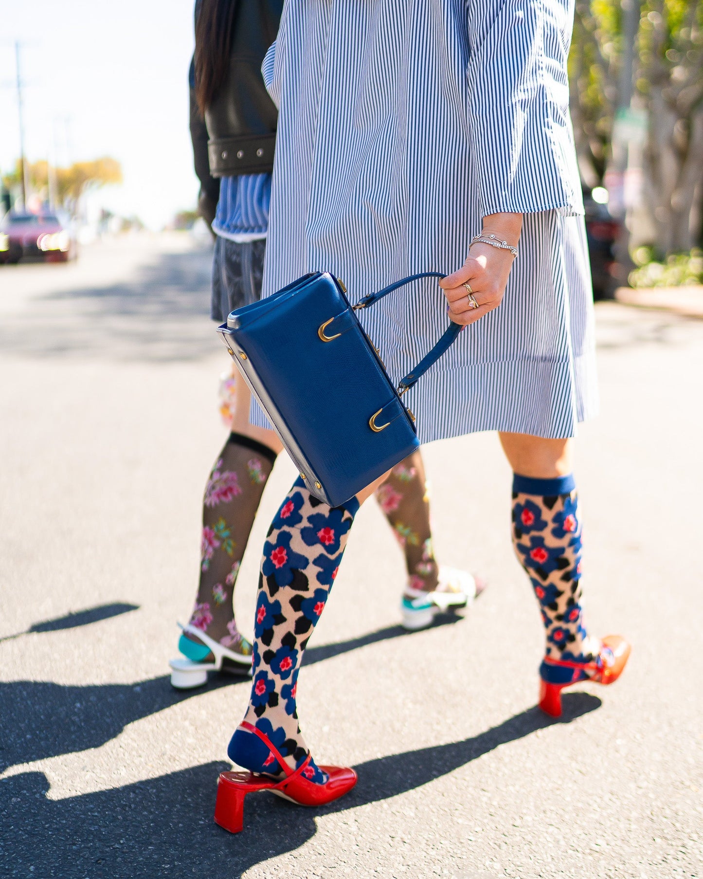 Bold Blue Floral Sheer Knee High Sock With Cotton Toe