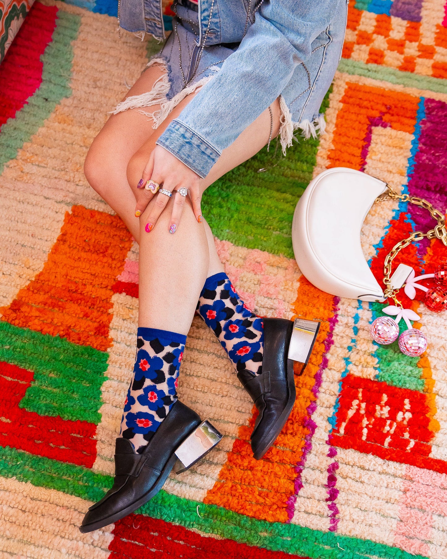 Bold Blue Floral Sheer Crew Socks With Geometric Print