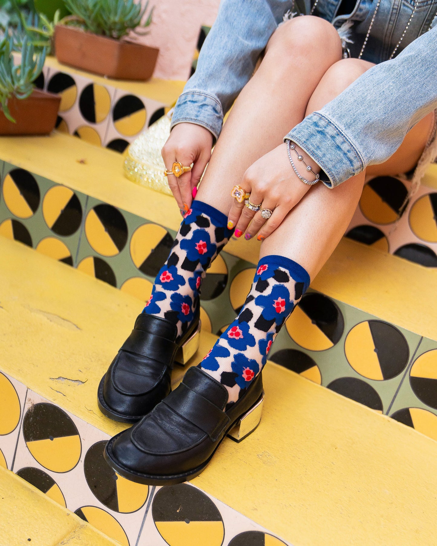 Bold Blue Floral Sheer Crew Socks With Geometric Print