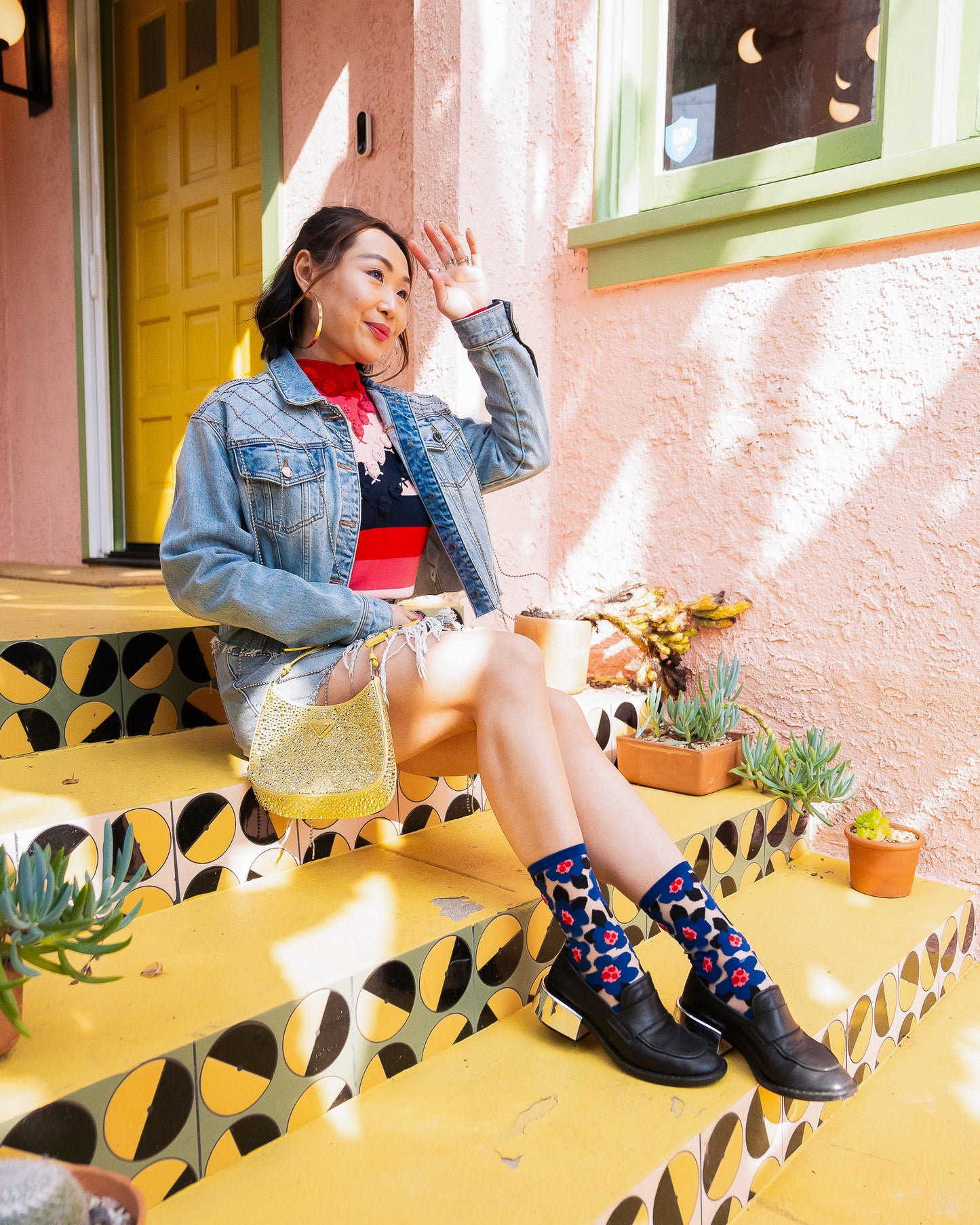 Bold Blue Floral Sheer Crew Socks With Geometric Print