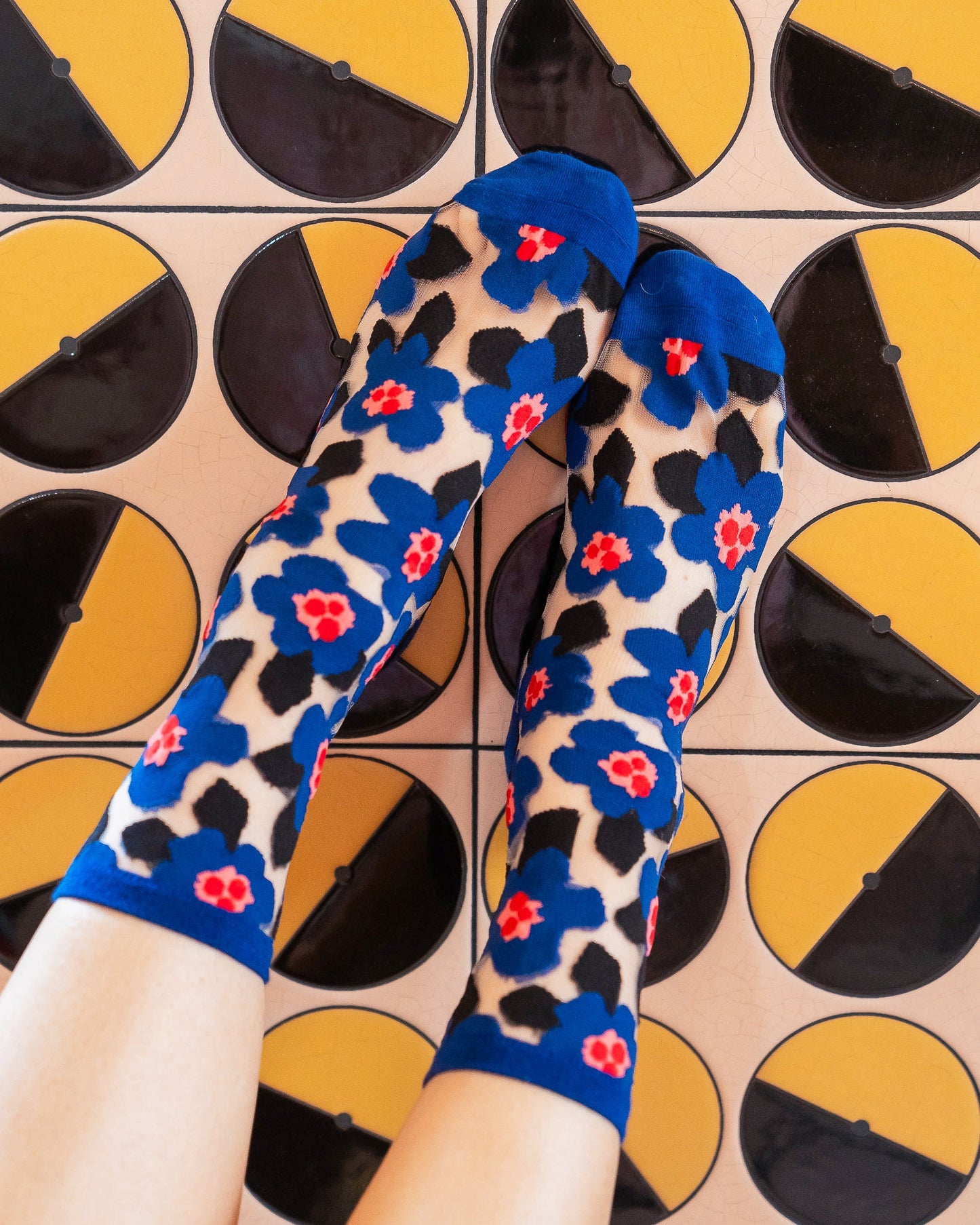 Bold Blue Floral Sheer Crew Socks With Geometric Print