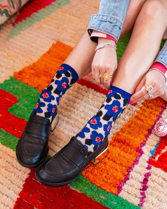 Bold Blue Floral Sheer Crew Socks With Geometric Print