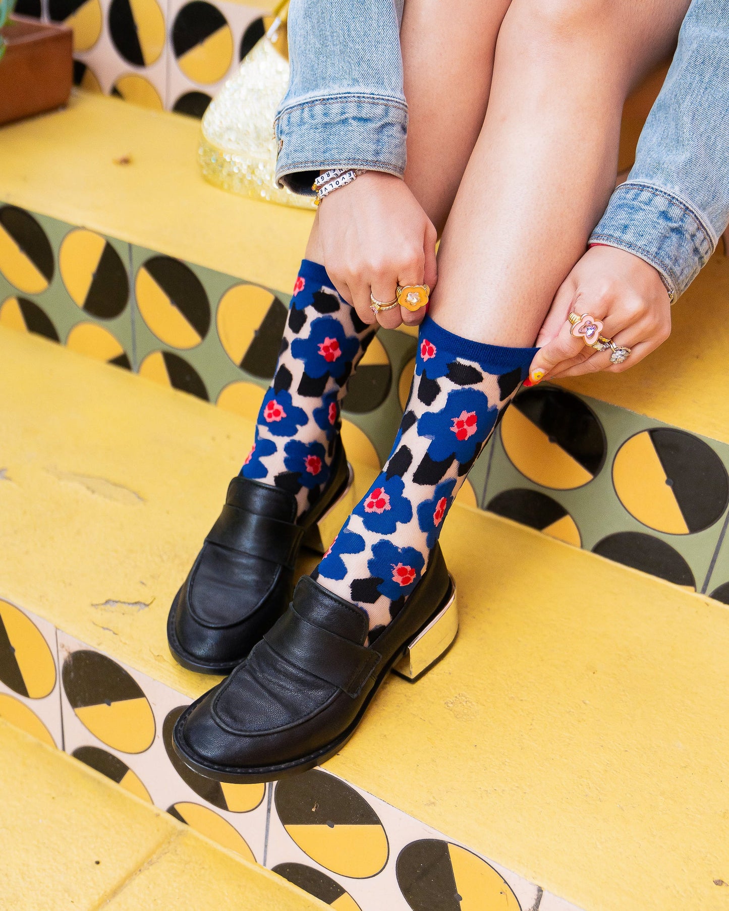 Bold Blue Floral Sheer Crew Socks With Geometric Print