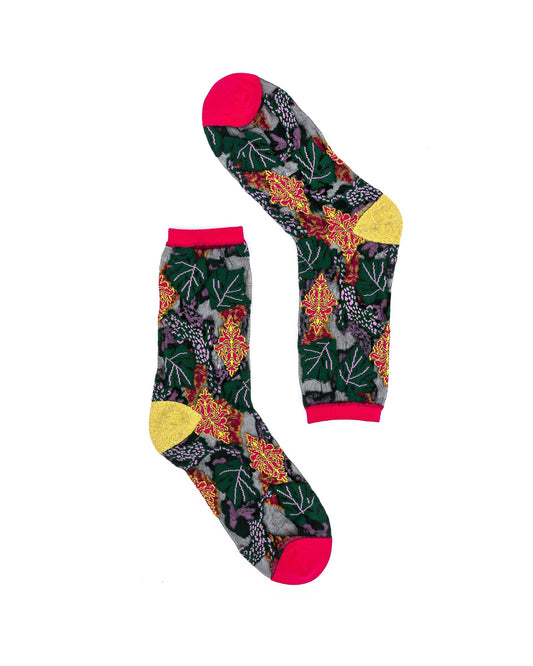 Brocade Jaguar Black Sheer Crew Sock With Gold Shimmer Heel