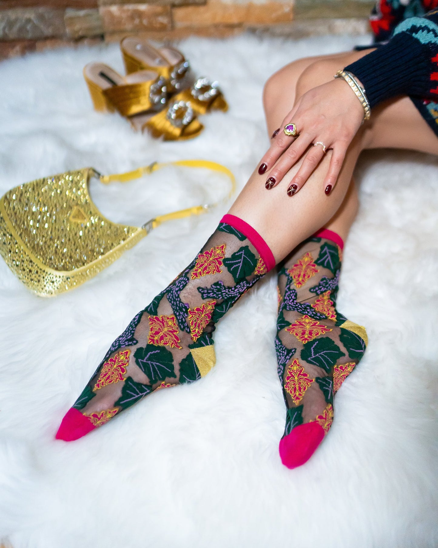 Brocade Jaguar Black Sheer Crew Sock With Gold Shimmer Heel