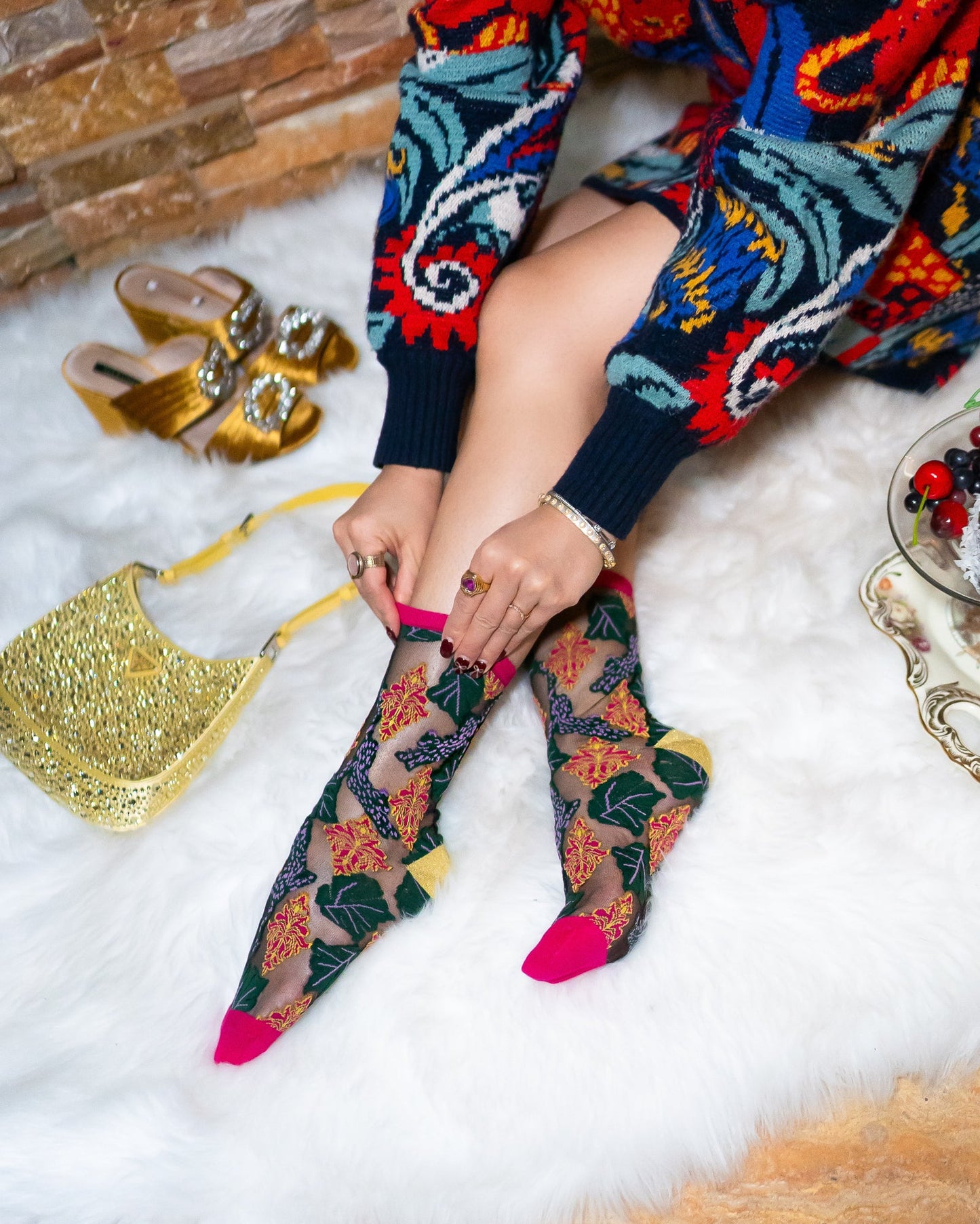 Brocade Jaguar Black Sheer Crew Sock With Gold Shimmer Heel