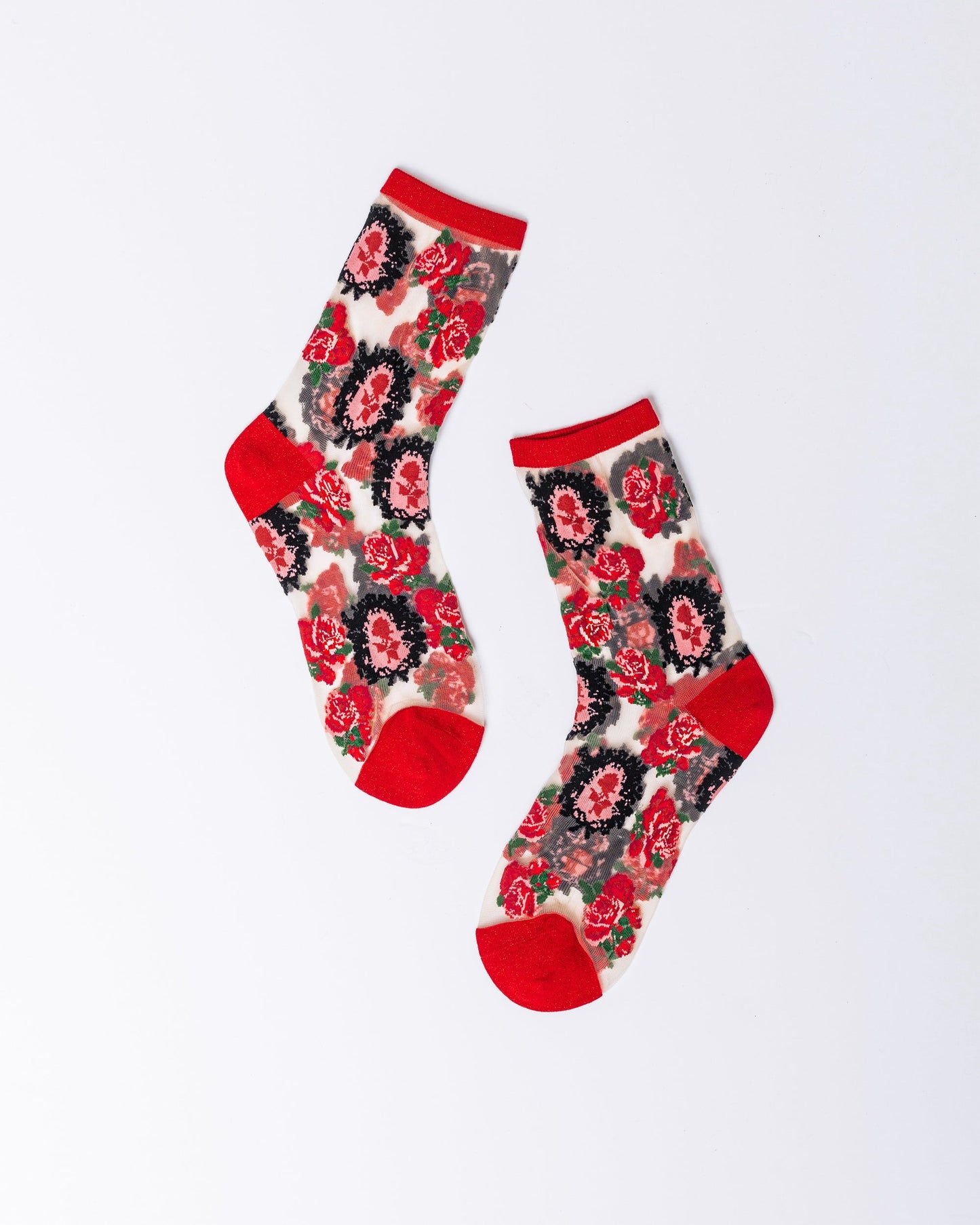 Cameo Rose Sheer Crew Sock Romantic Red Rose Cameo Charm