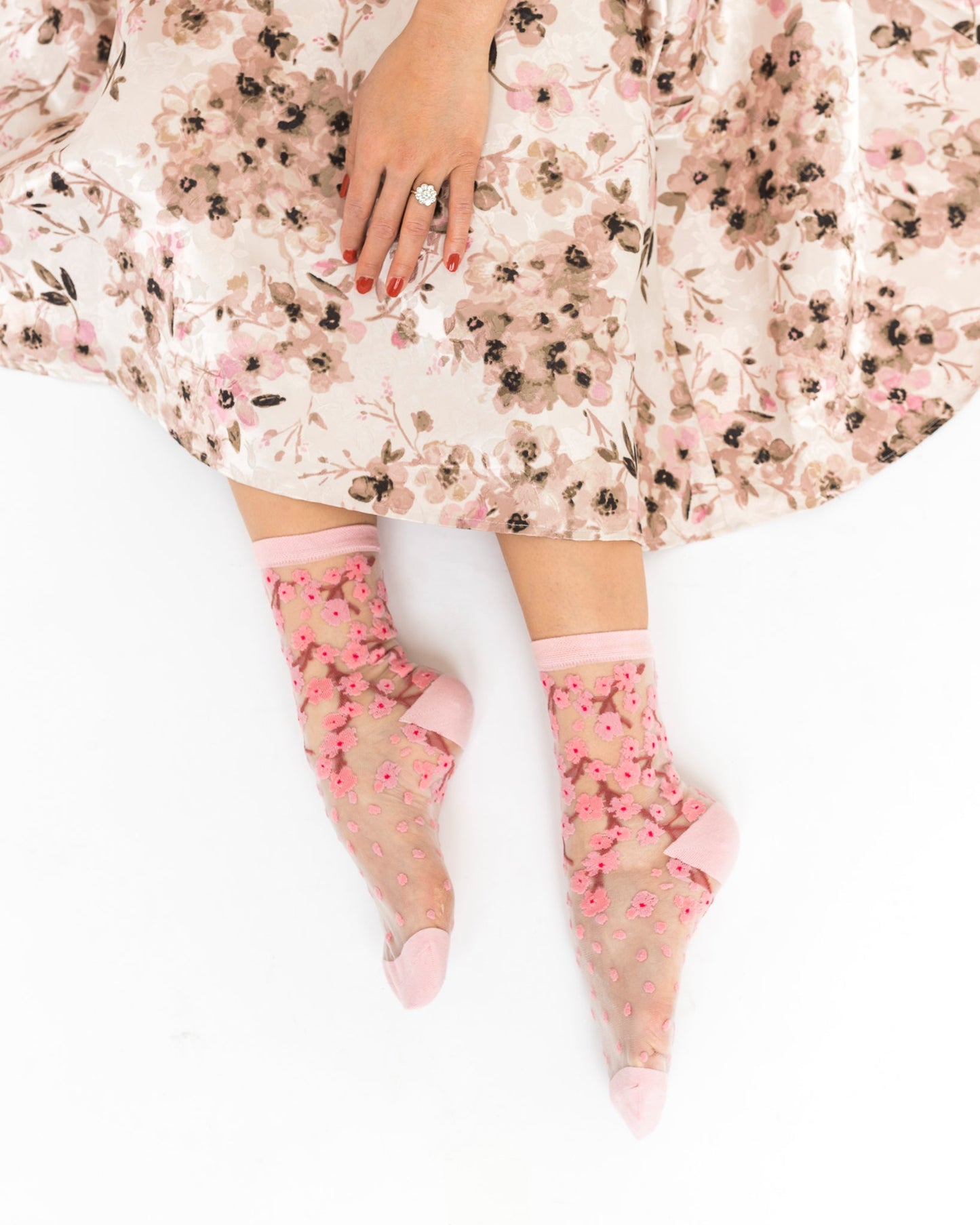 Cherry Blossom Sheer Crew Sock Floral Spring Bridal Party
