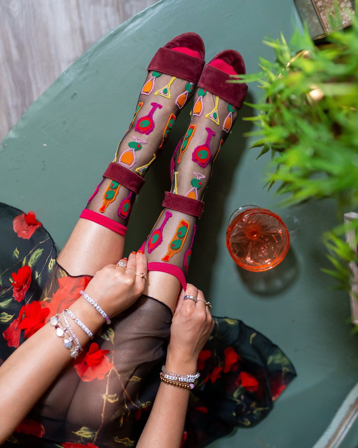 Cocktail Hour Black Sheer Crew Sock Olive Twist Design