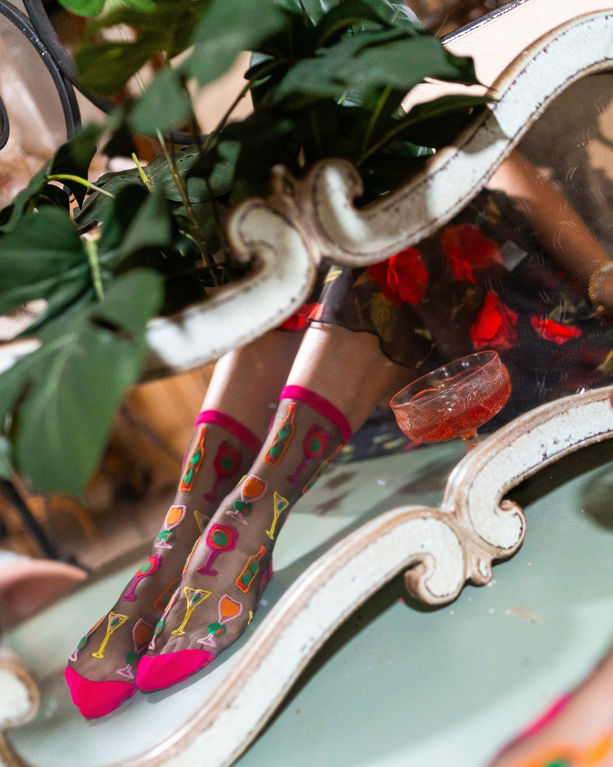 Cocktail Hour Black Sheer Crew Sock Olive Twist Design