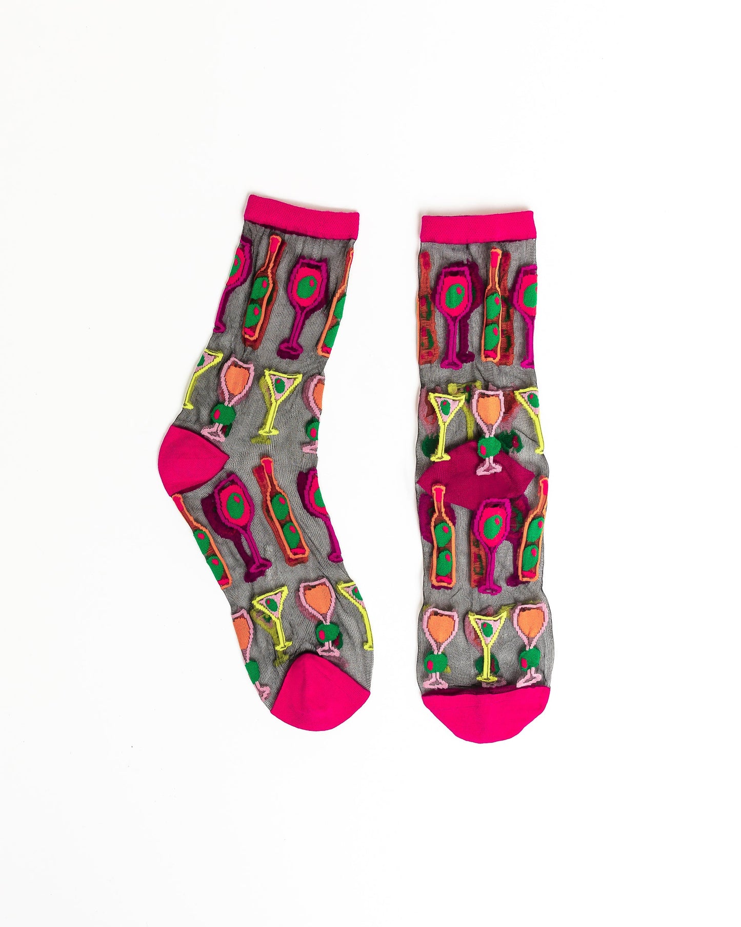 Cocktail Hour Black Sheer Crew Sock Olive Twist Design