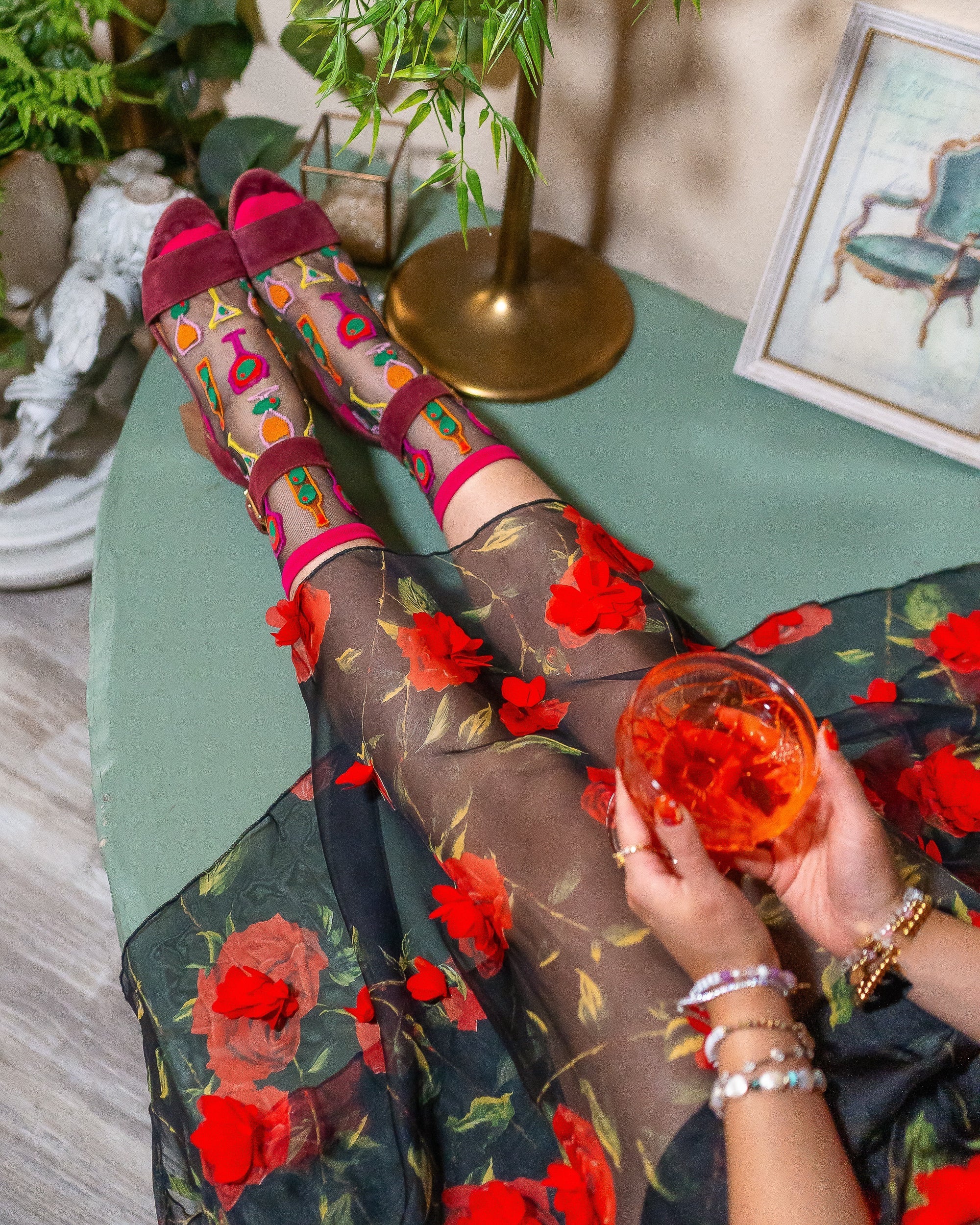 Cocktail Hour Black Sheer Crew Sock Olive Twist Design