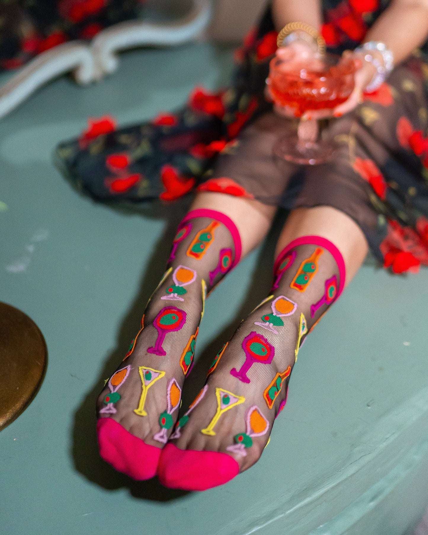 Cocktail Hour Black Sheer Crew Sock Olive Twist Design