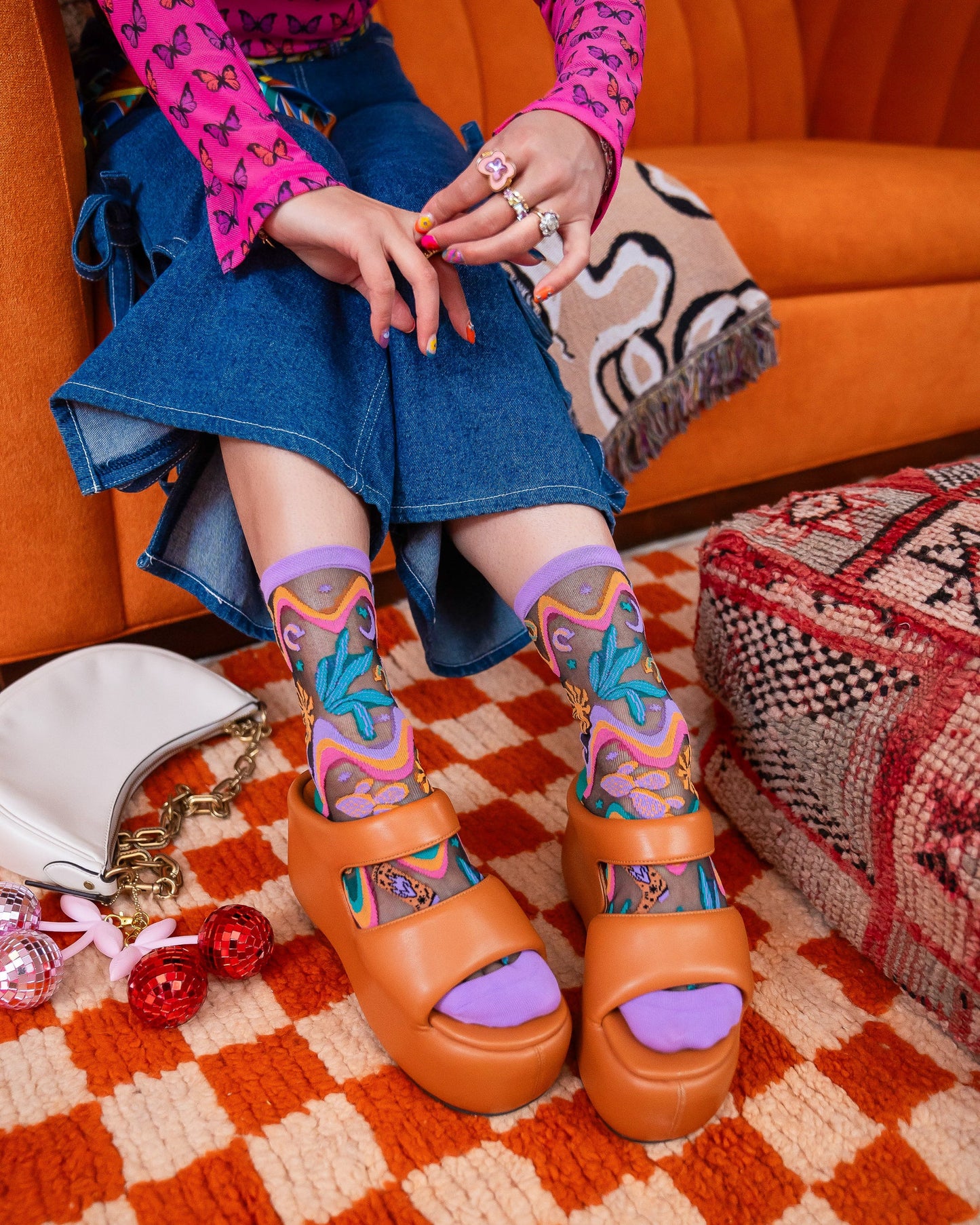 Desert Disco Black Sheer Crew Socks Purple Cuff Festival