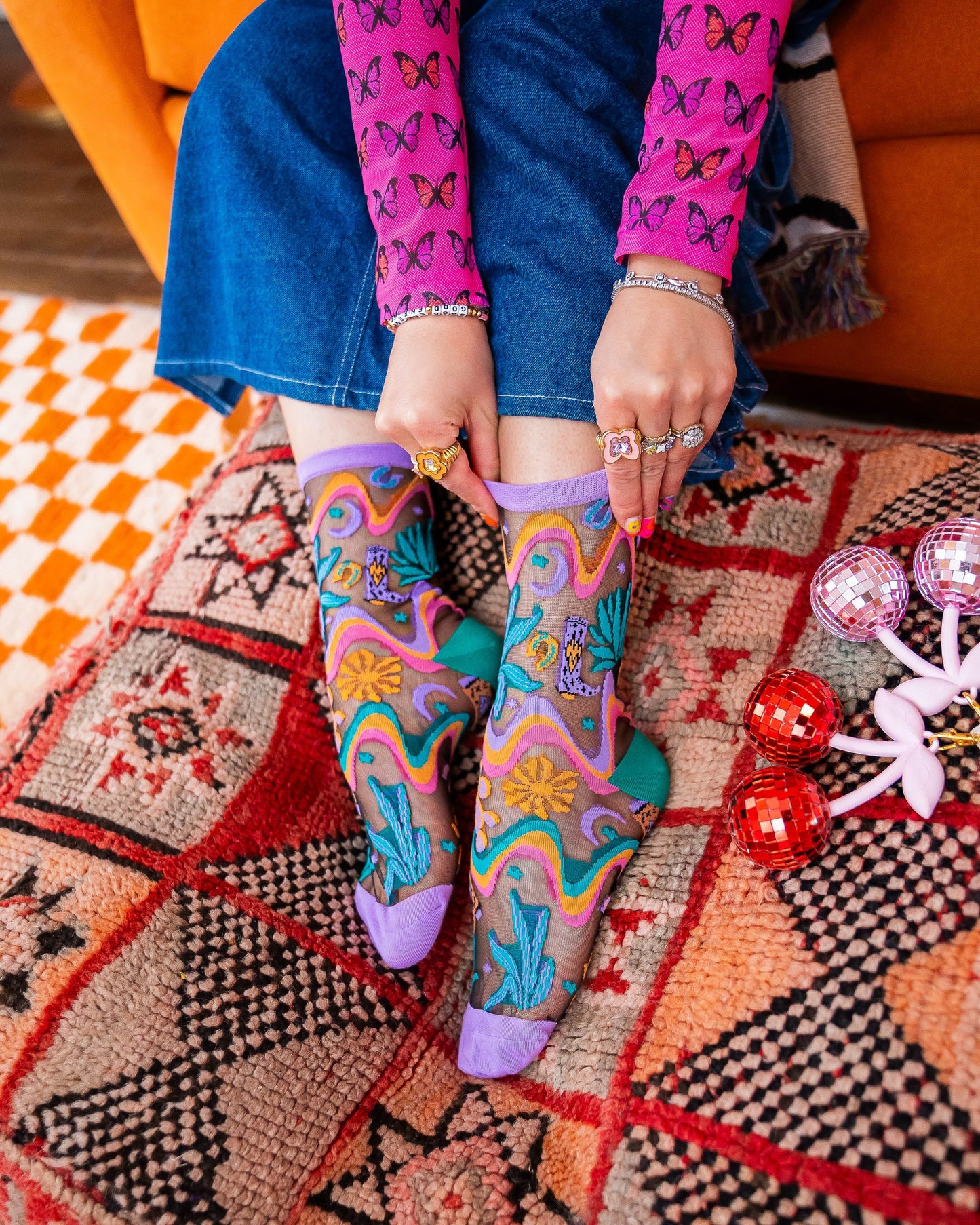 Desert Disco Black Sheer Crew Socks Purple Cuff Festival