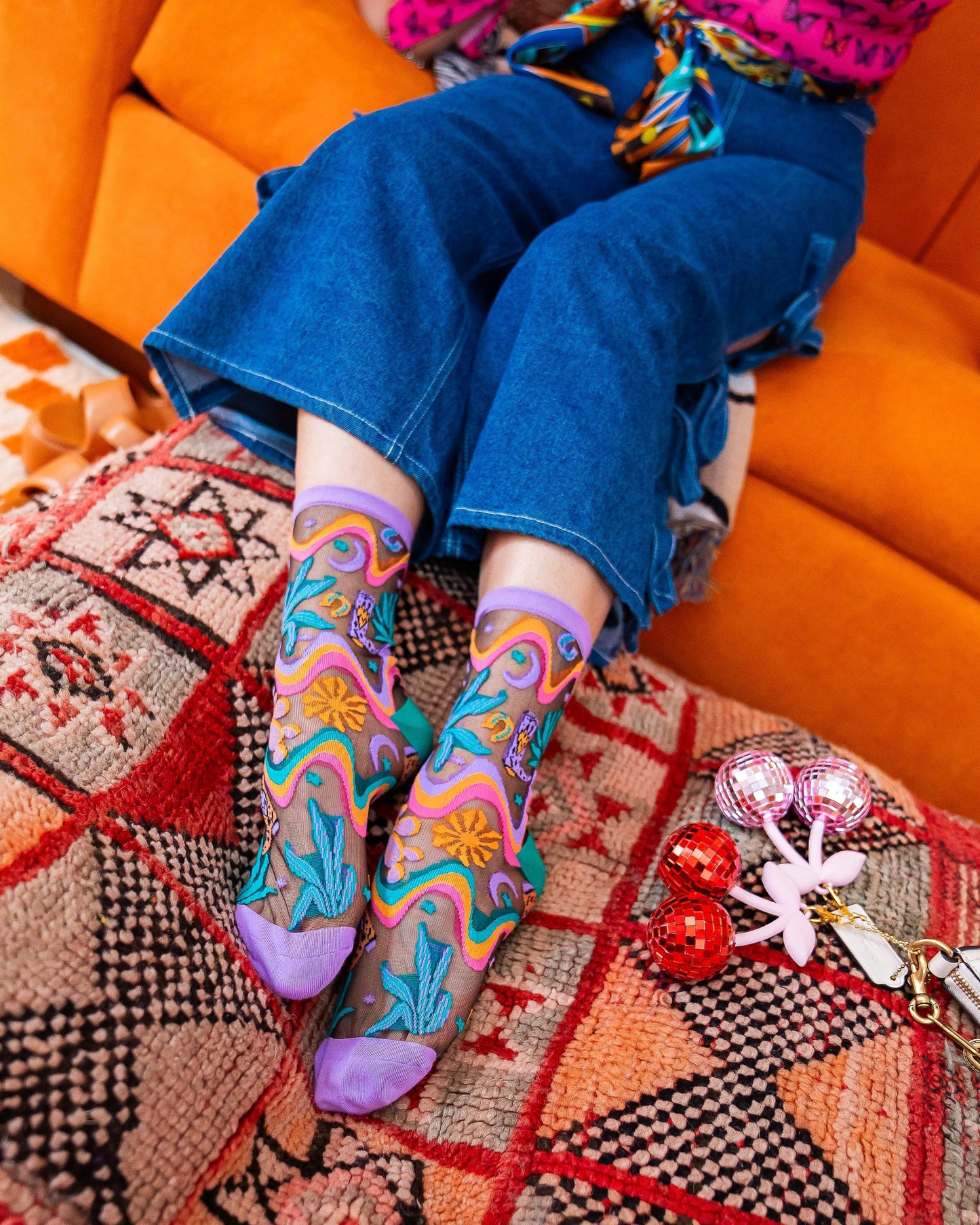 Desert Disco Black Sheer Crew Socks Purple Cuff Festival