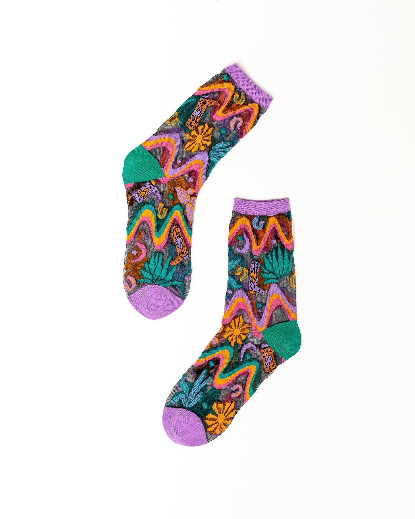 Desert Disco Black Sheer Crew Socks Purple Cuff Festival