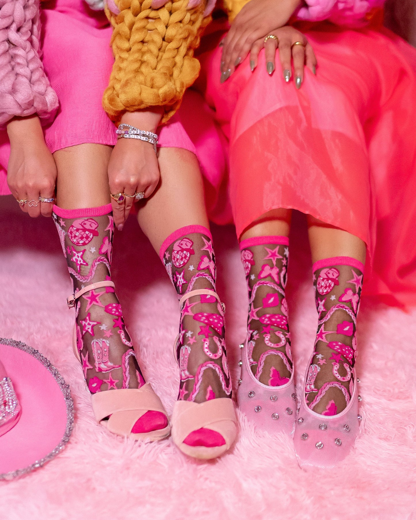 Disco Barbie Black Crew Sock Glitter Pink Cuff