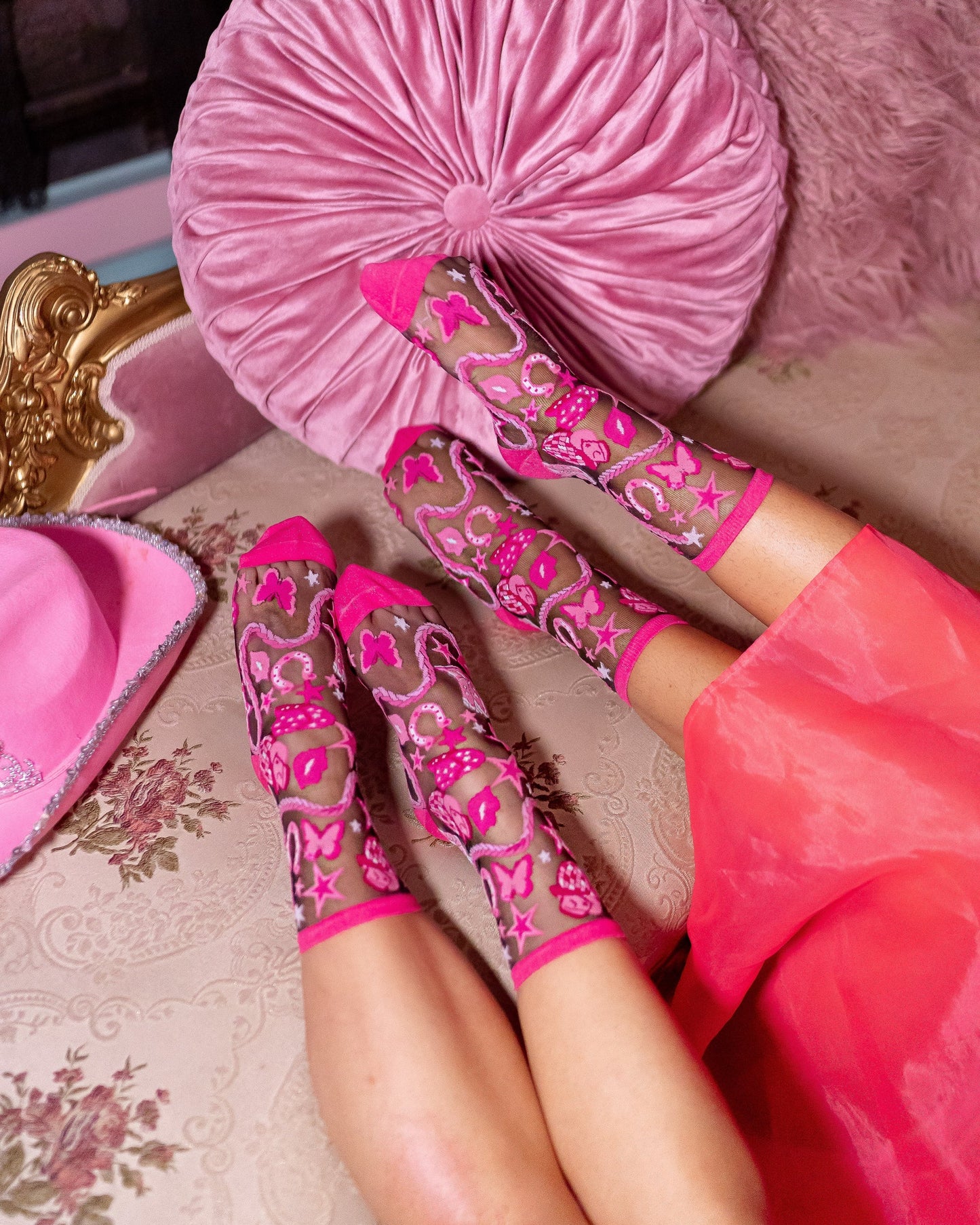 Disco Barbie Black Crew Sock Glitter Pink Cuff