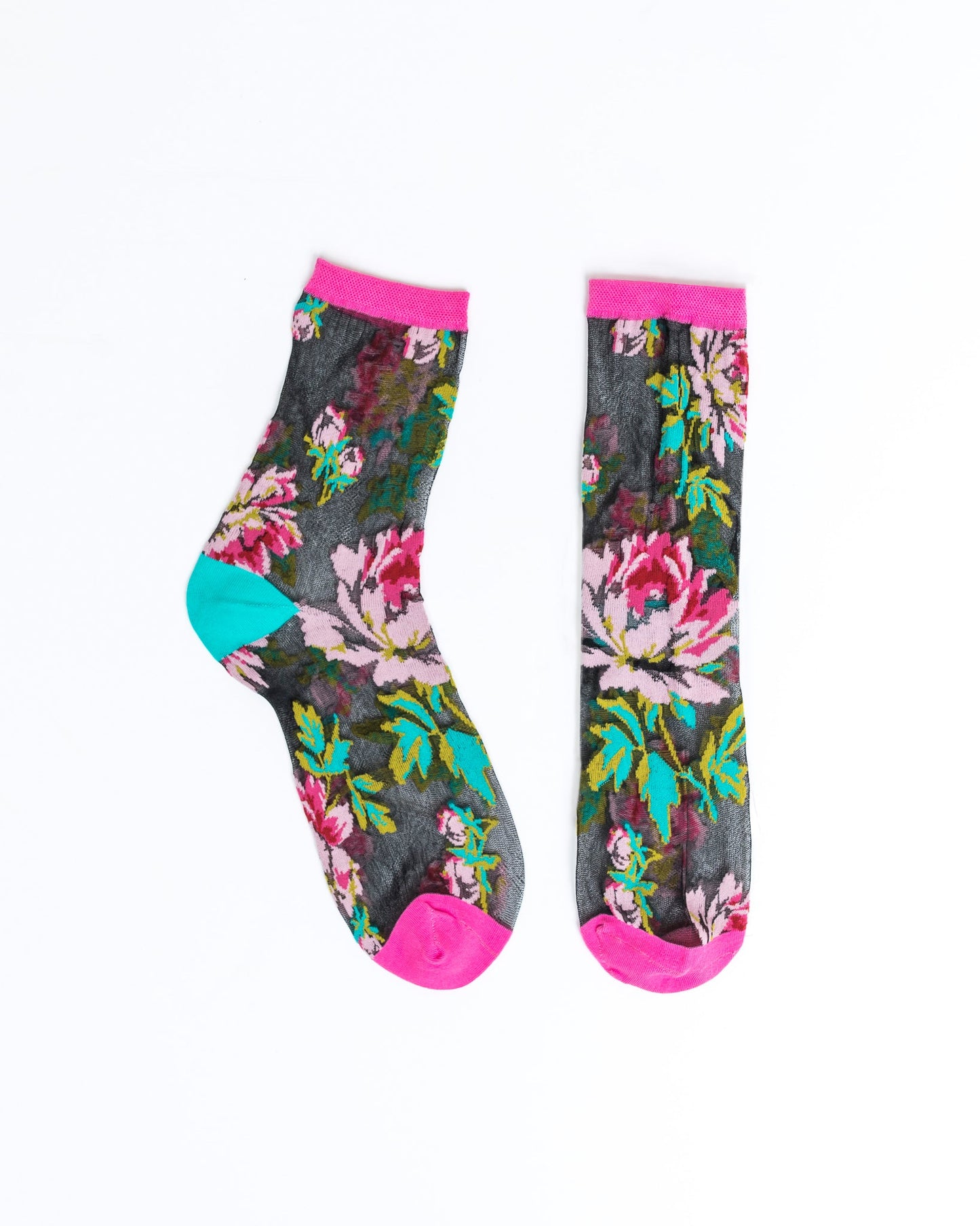 English Rose Black Sheer Crew Socks With Turquoise Heel