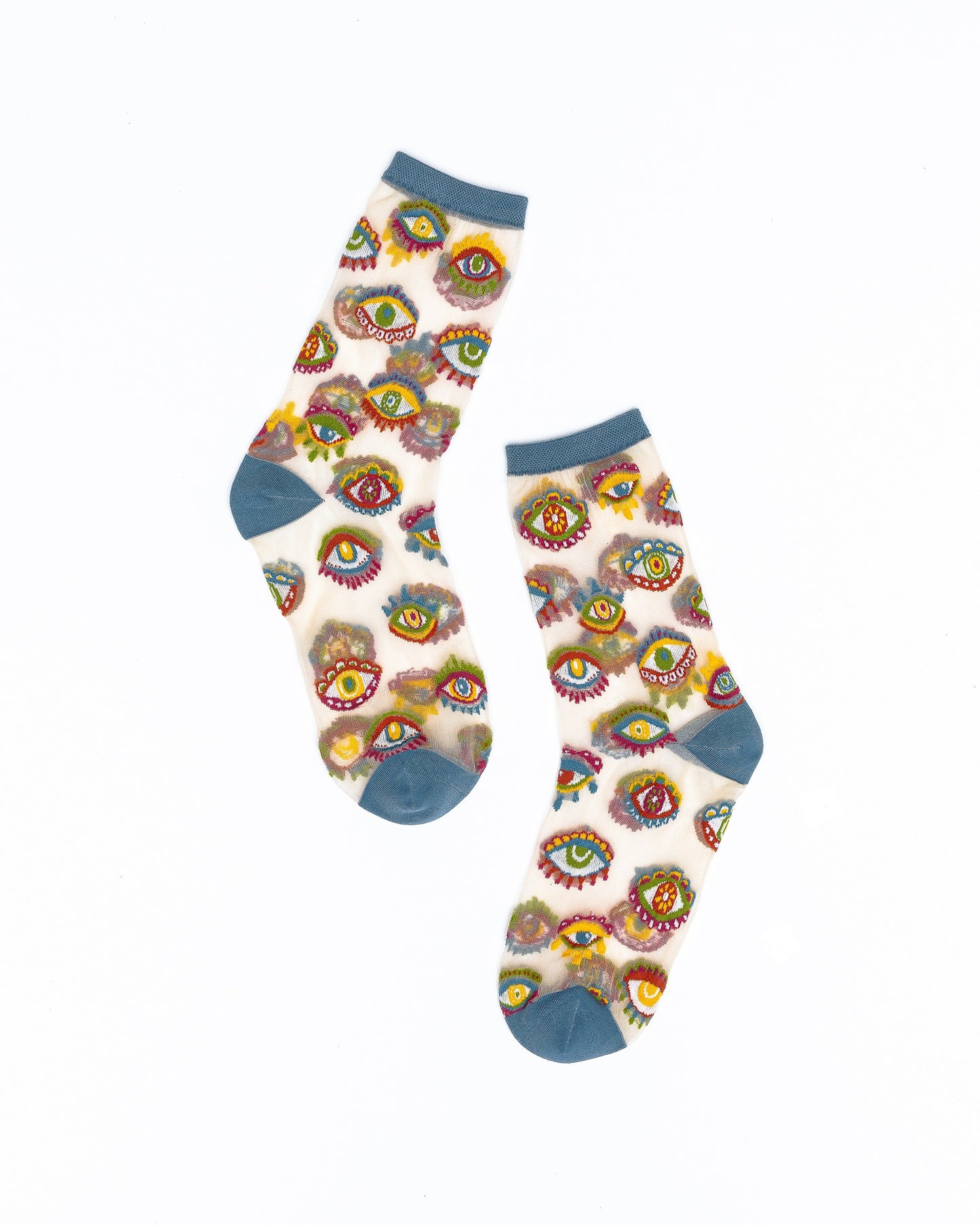 Evil Eye Sheer Crew Socks With Colorful Boho Design