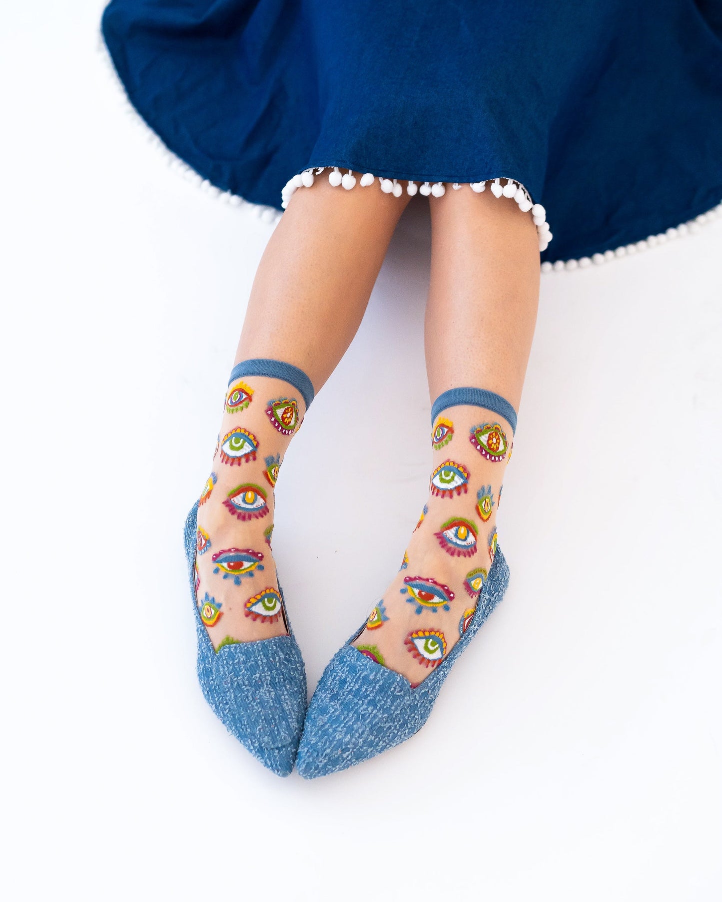 Evil Eye Sheer Crew Socks With Colorful Boho Design