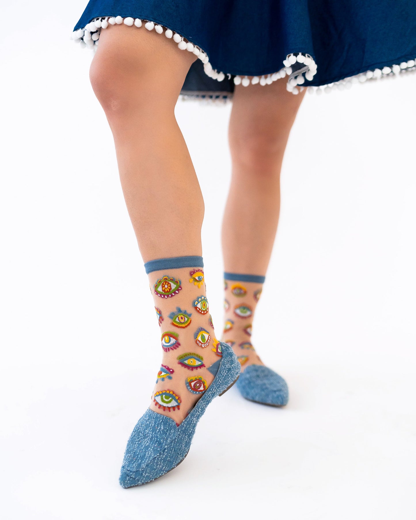 Evil Eye Sheer Crew Socks With Colorful Boho Design