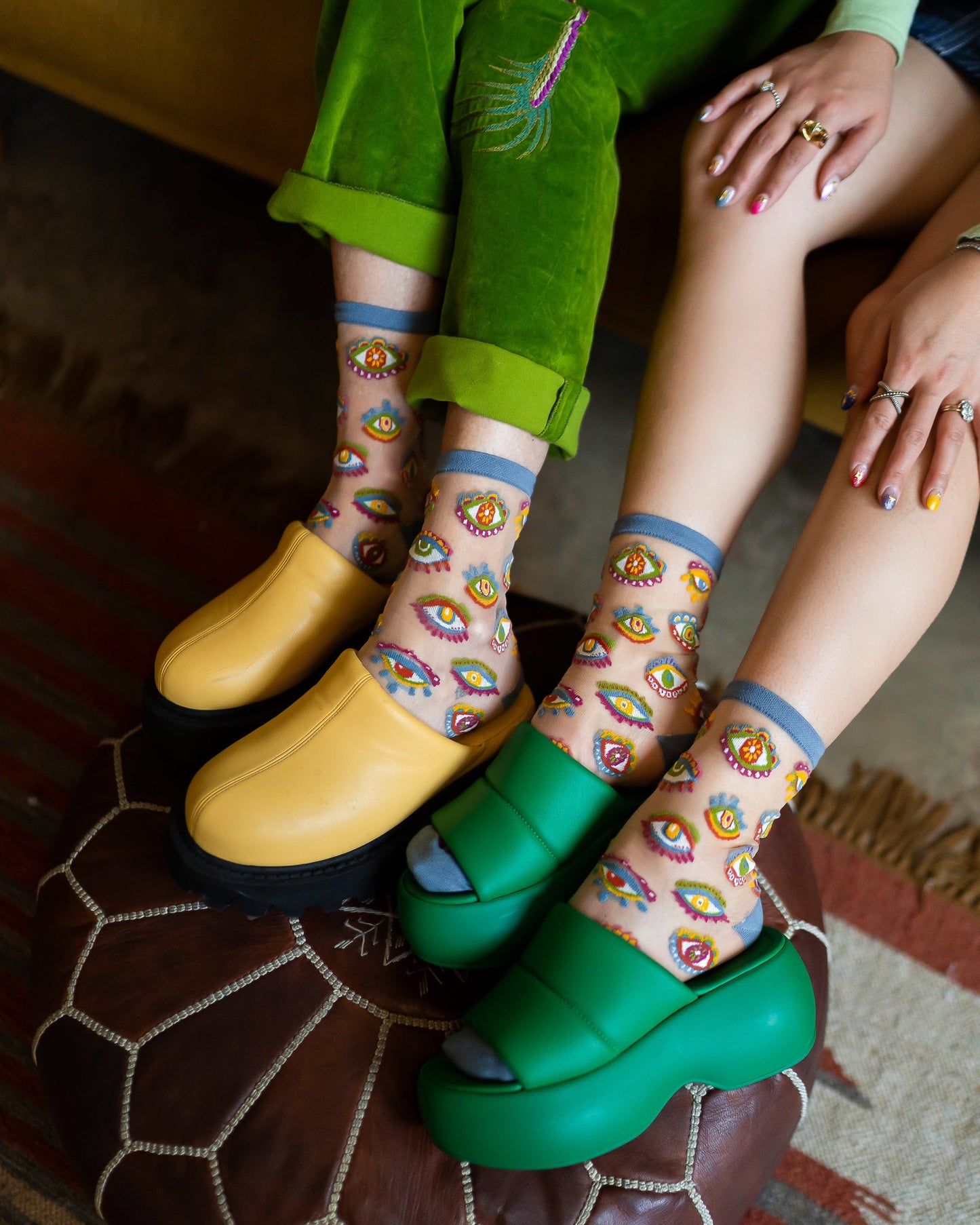 Evil Eye Sheer Crew Socks With Colorful Boho Design