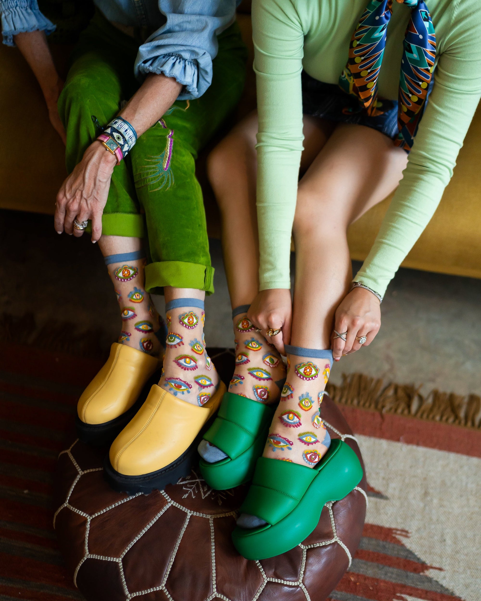 Evil Eye Sheer Crew Socks With Colorful Boho Design