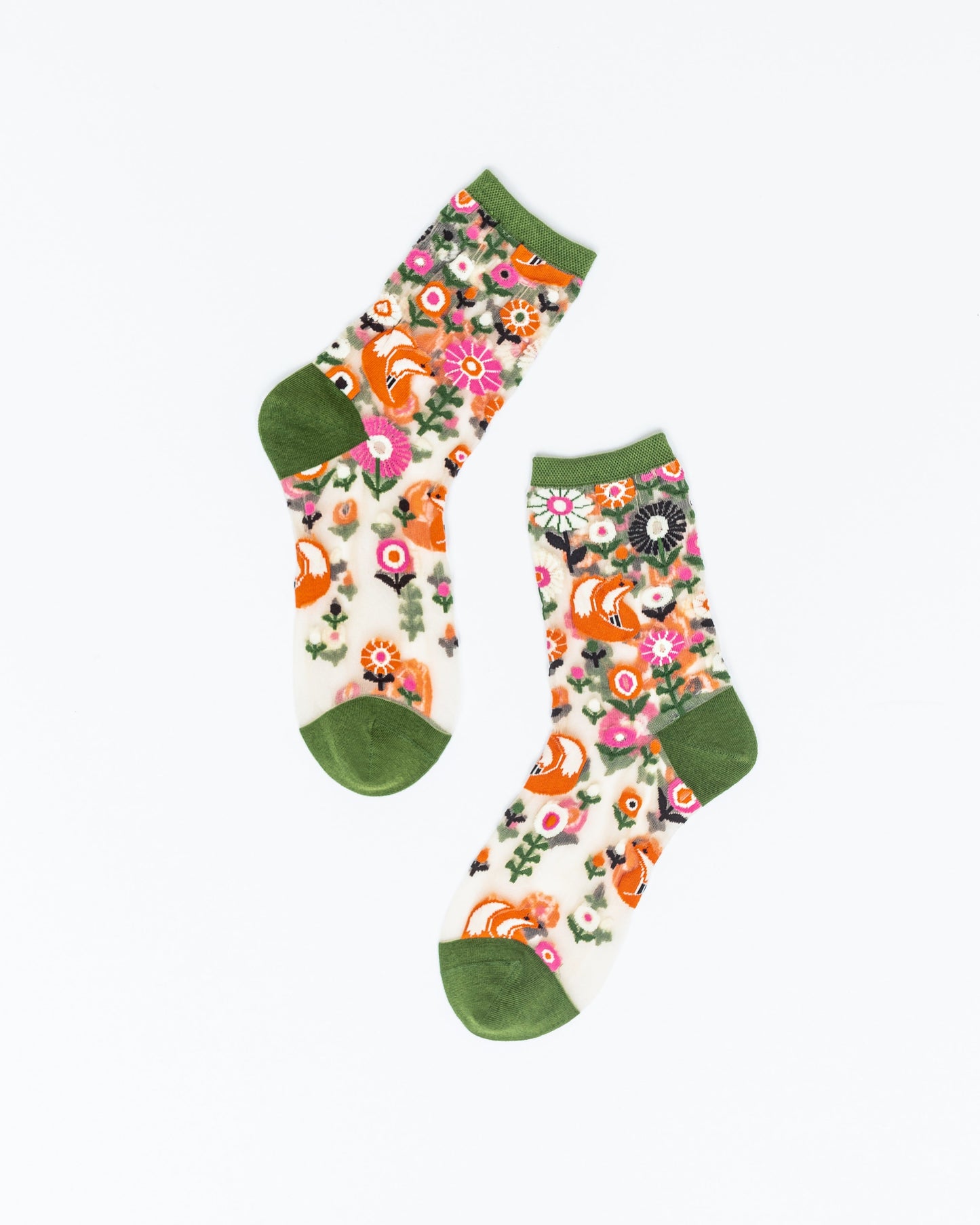 Feeling Foxy Sheer Crew Sock Olive Green Geometric Foxes