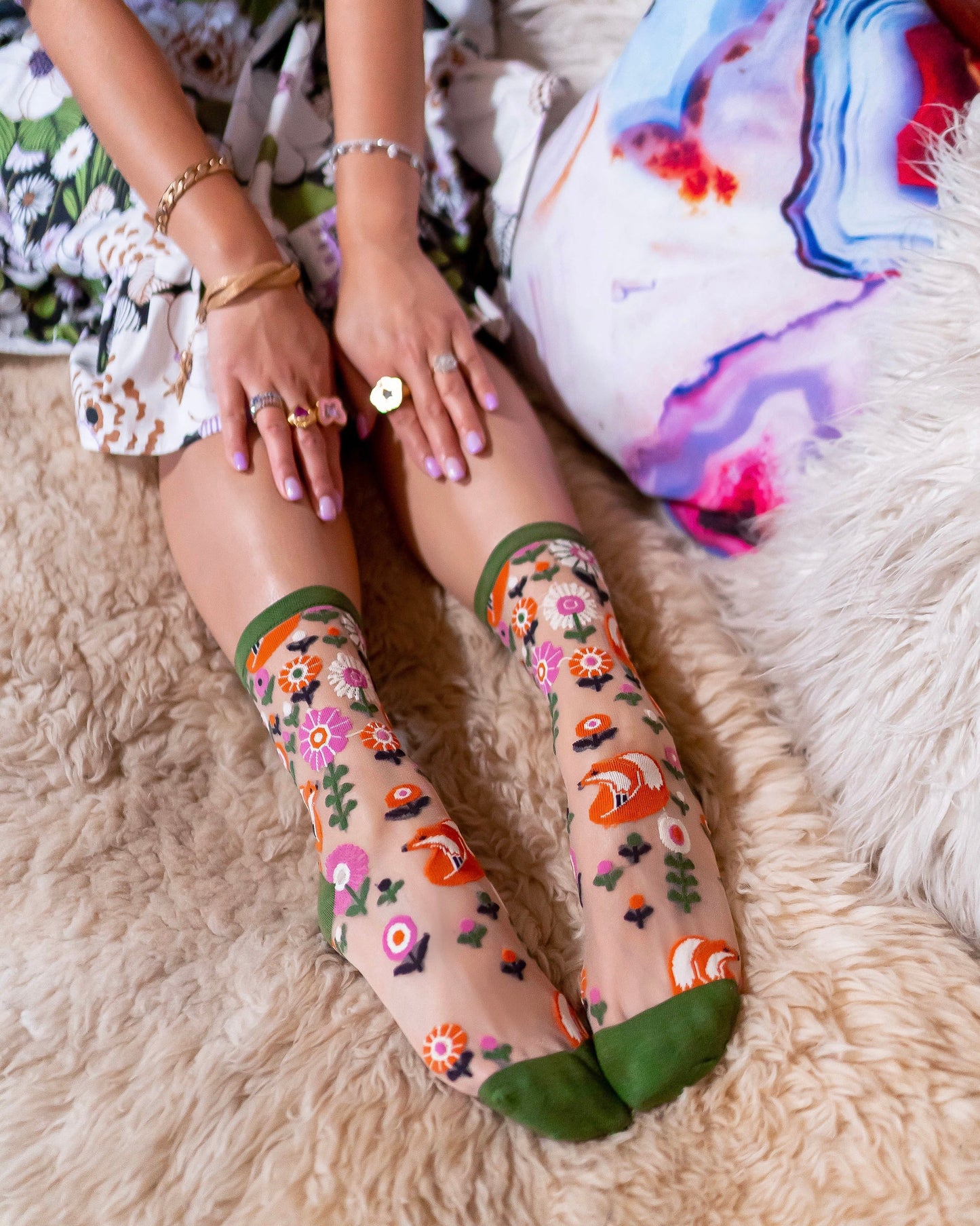 Feeling Foxy Sheer Crew Sock Olive Green Geometric Foxes