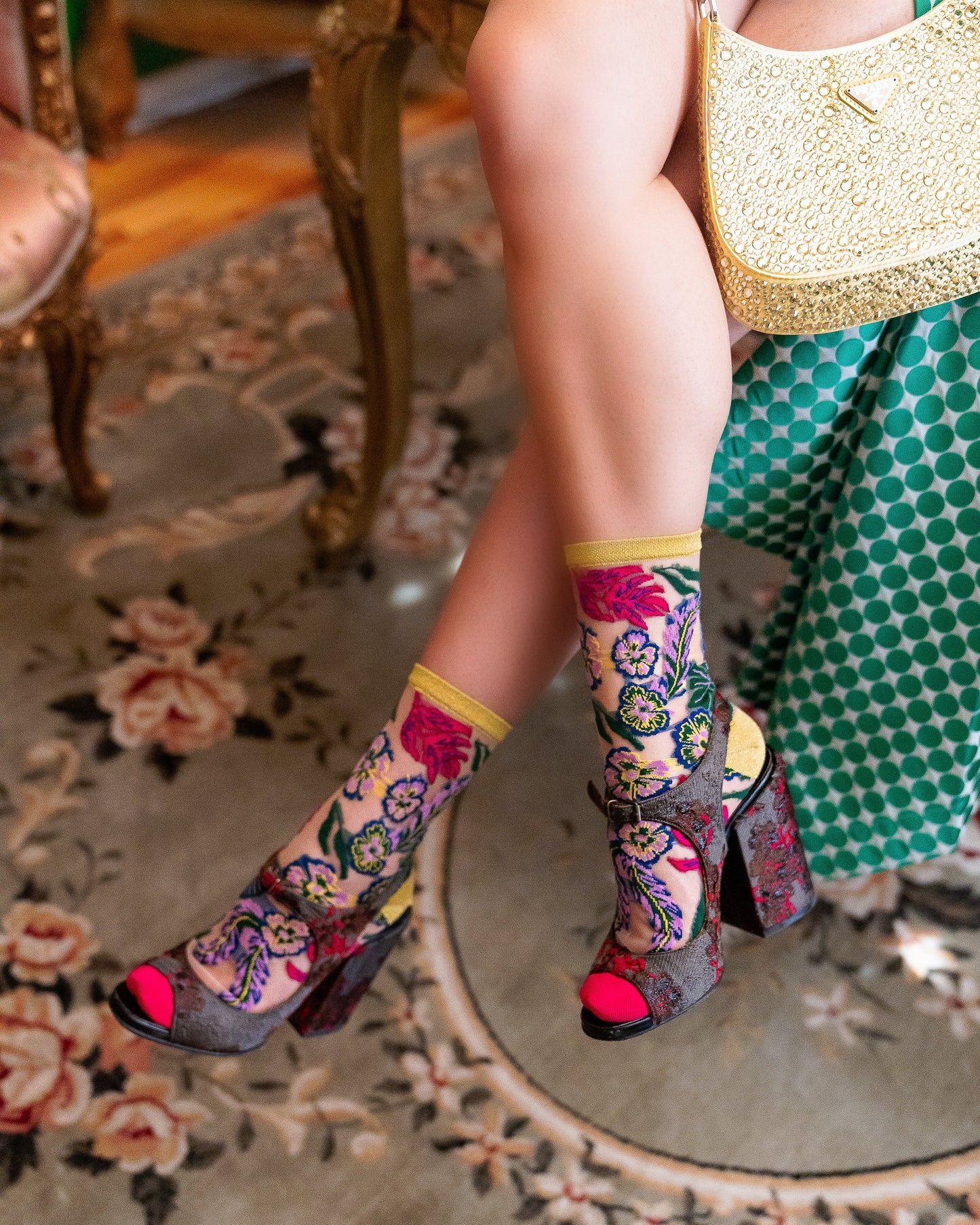 Festive Floral Sheer Crew Sock With Gold Shimmer Heel