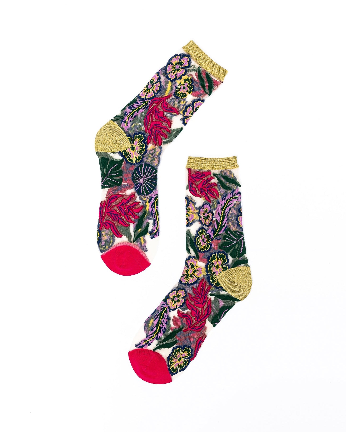 Festive Floral Sheer Crew Sock With Gold Shimmer Heel