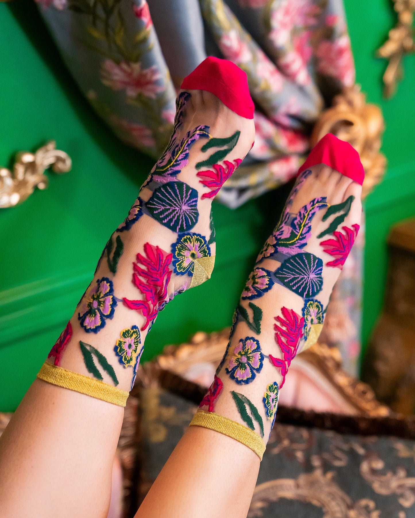 Festive Floral Sheer Crew Sock With Gold Shimmer Heel