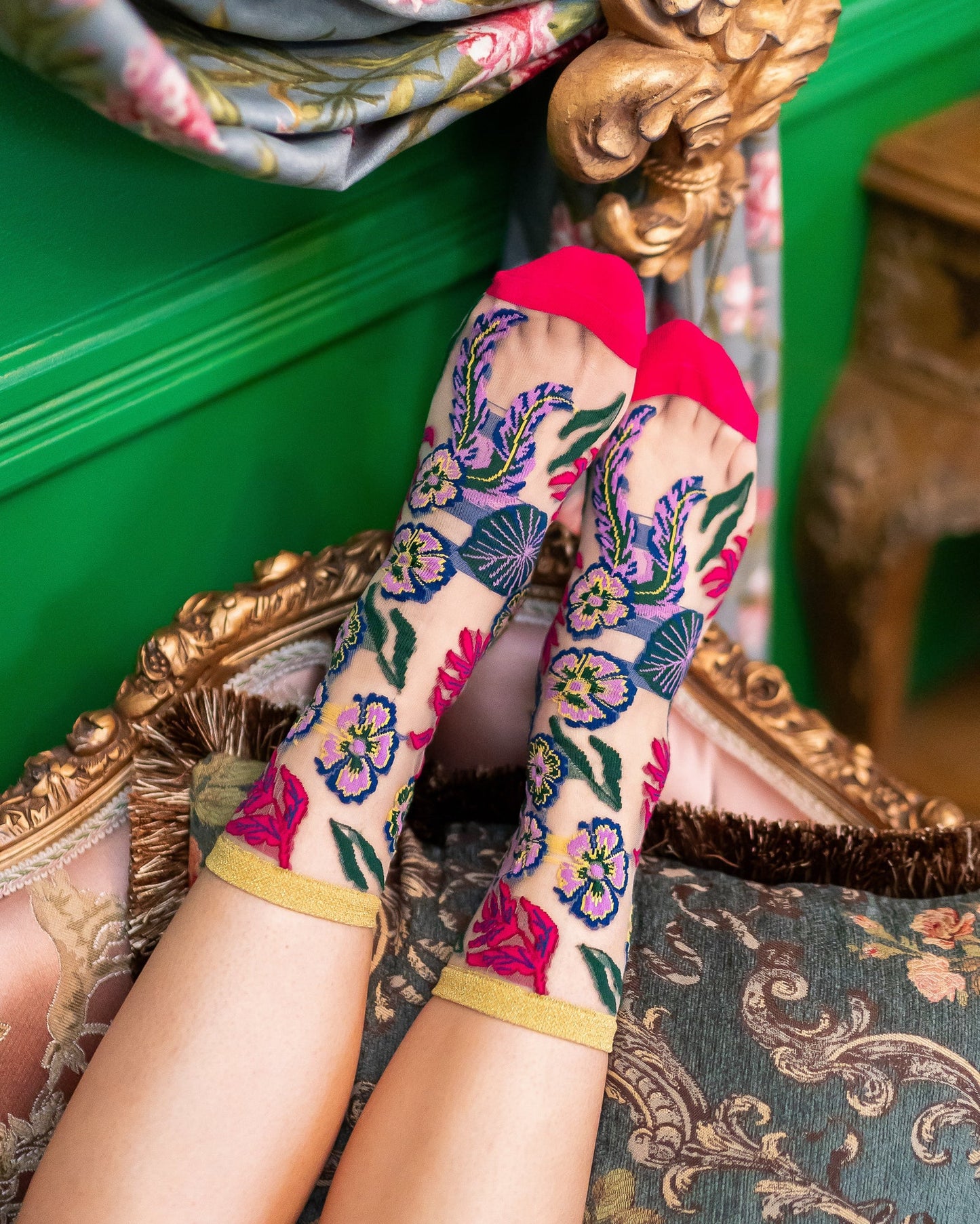 Festive Floral Sheer Crew Sock With Gold Shimmer Heel