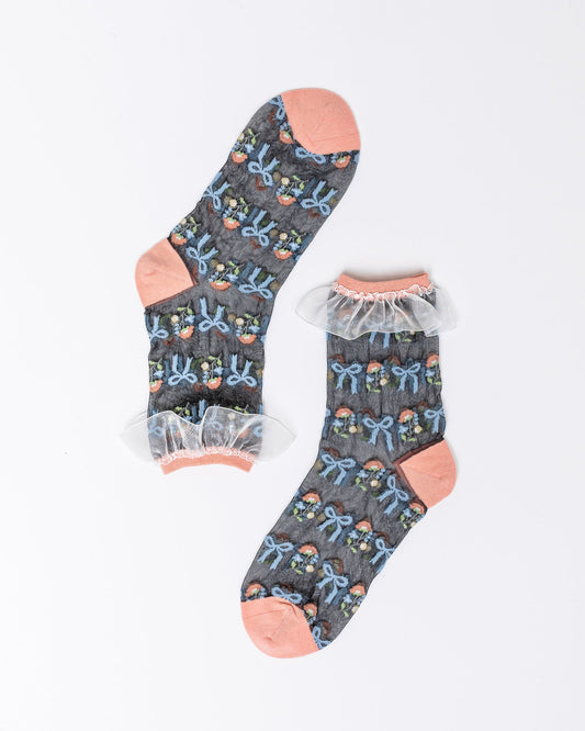 Bridgerton Inspired Floral Bow Ruffle Sheer Ankle Sock