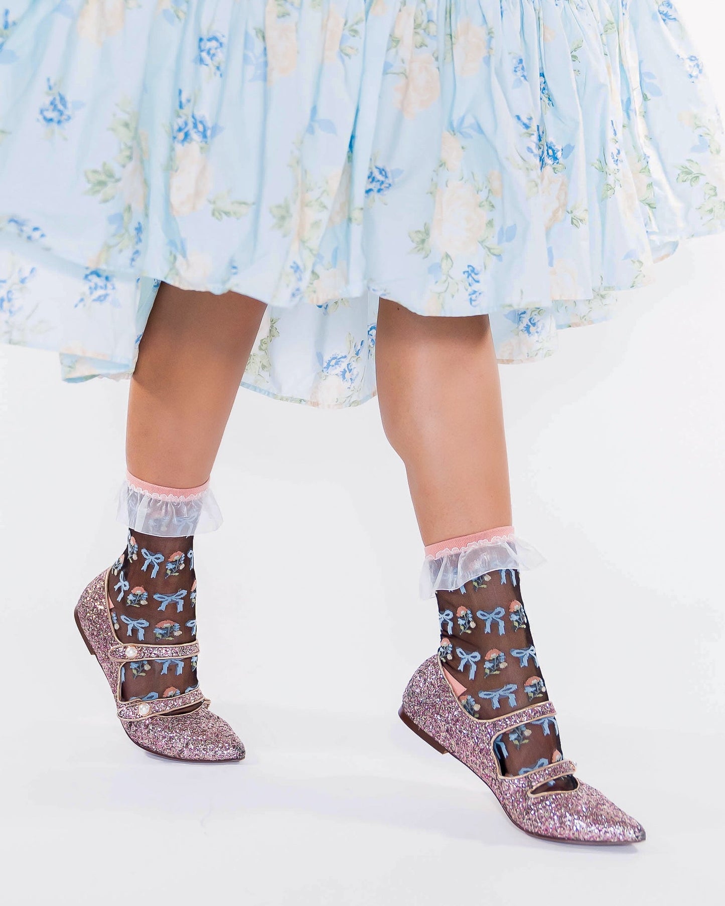 Bridgerton Inspired Floral Bow Ruffle Sheer Ankle Sock