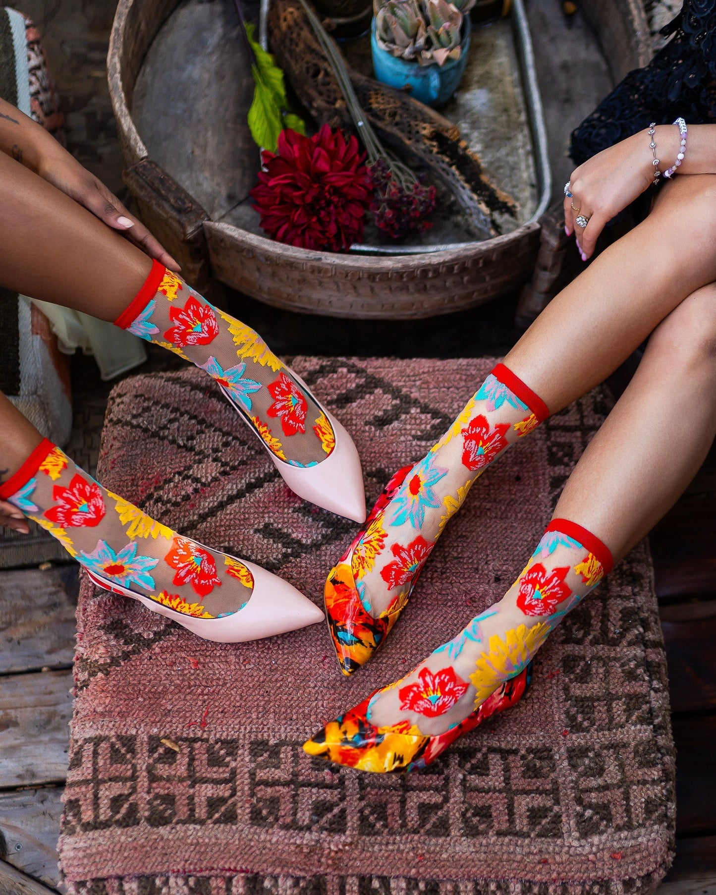 Flower Power Sheer Crew Sock Floral Burst in Bright Colors