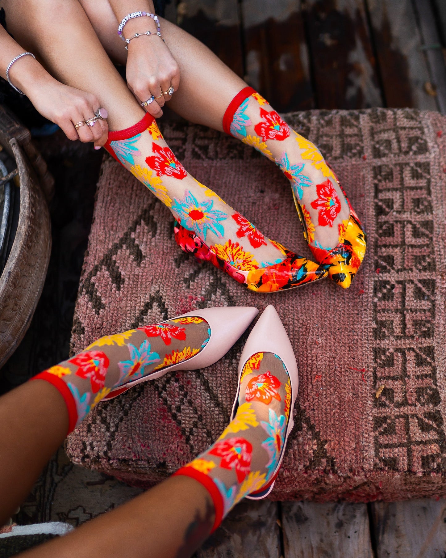 Flower Power Sheer Crew Sock Floral Burst in Bright Colors