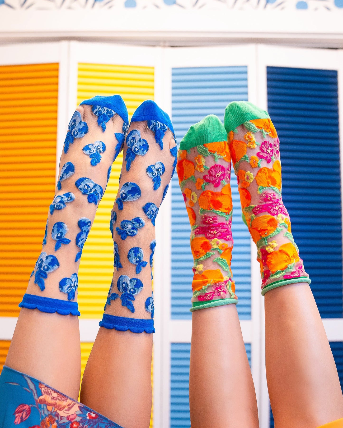 Blueberry Ruffle Sheer Crew Sock With Delicate Print