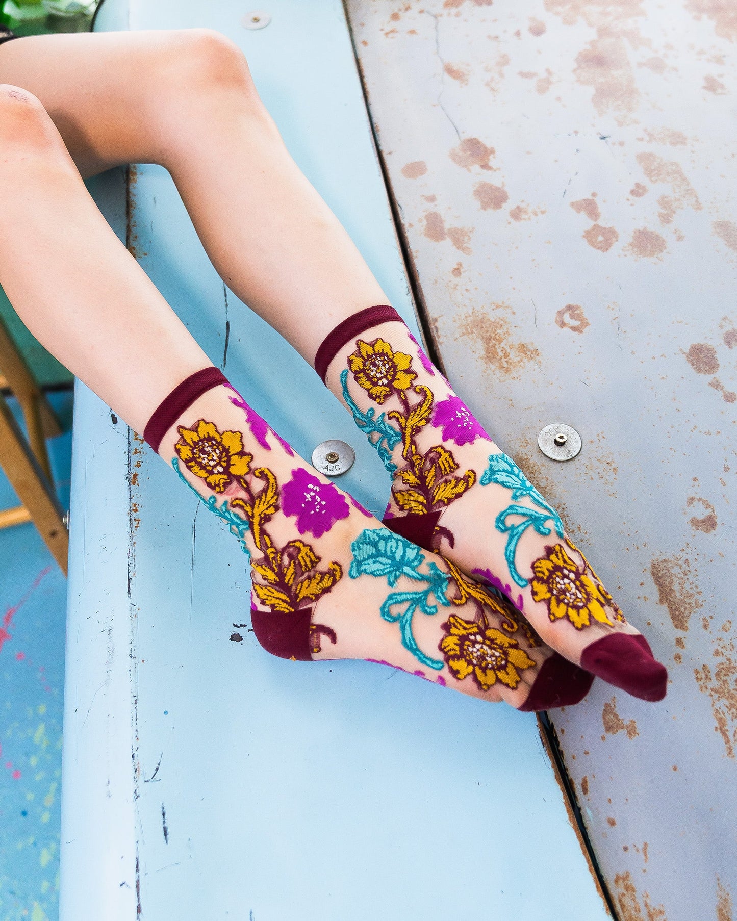 Gem Garden Sheer Crew Sock Jewel Tone Floral Embroidery