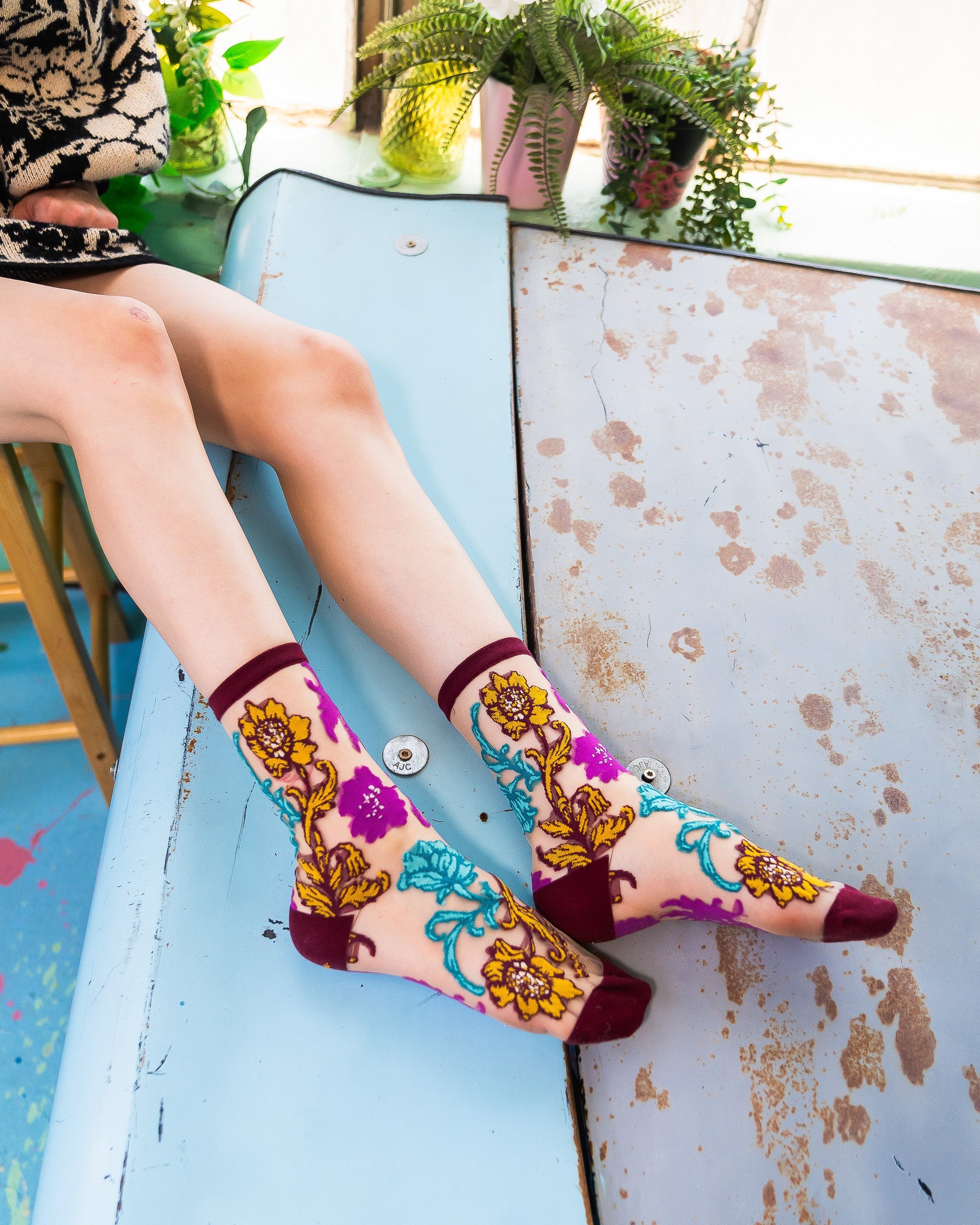 Gem Garden Sheer Crew Sock Jewel Tone Floral Embroidery